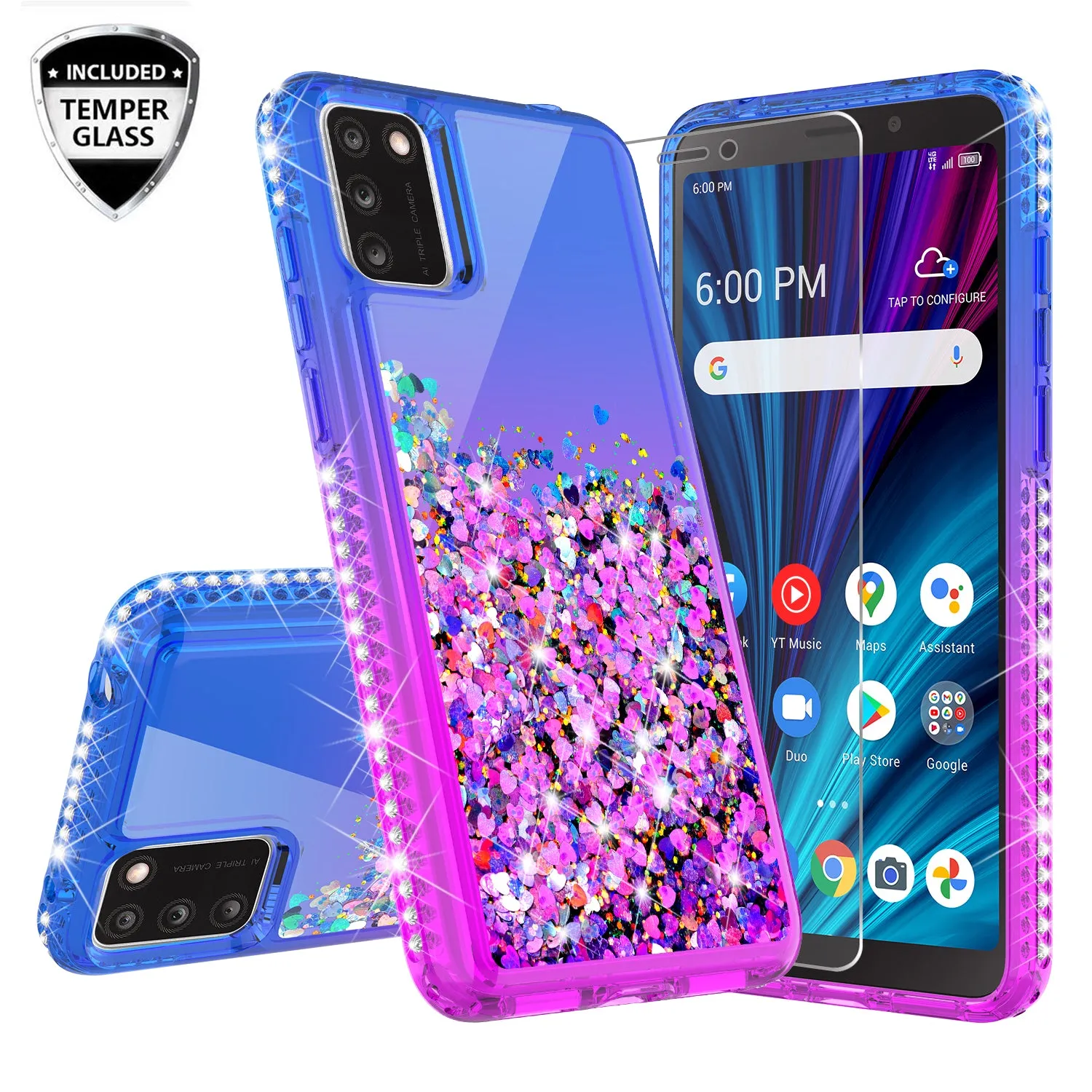 For TCL A3X Case Liquid Glitter Phone Case Waterfall Floating Quicksand Bling Sparkle Cute Protective Girls Women Cover for TCL A3X W/Temper Glass -  (Blue/Purple Gradient)