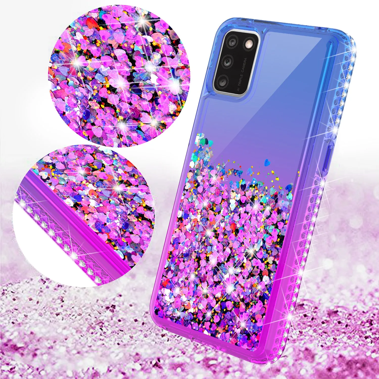 For TCL A3X Case Liquid Glitter Phone Case Waterfall Floating Quicksand Bling Sparkle Cute Protective Girls Women Cover for TCL A3X W/Temper Glass -  (Blue/Purple Gradient)