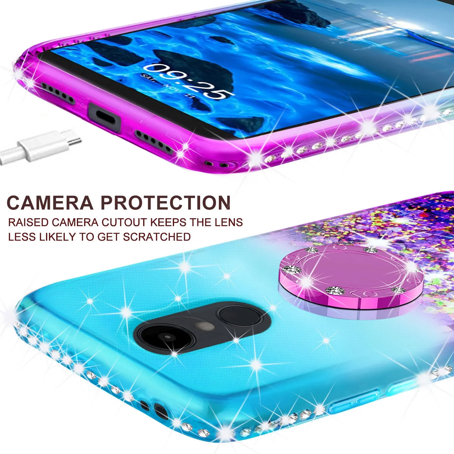 Glitter Phone Case Kickstand Compatible for Alcatel Revvl 2 Case, Alcatel 3 Case,Ring Stand Liquid Floating Quicksand Bling Sparkle Protective Girls Women for Alcatel Revvl 2/Alcatel 3 - (Teal Gradient)