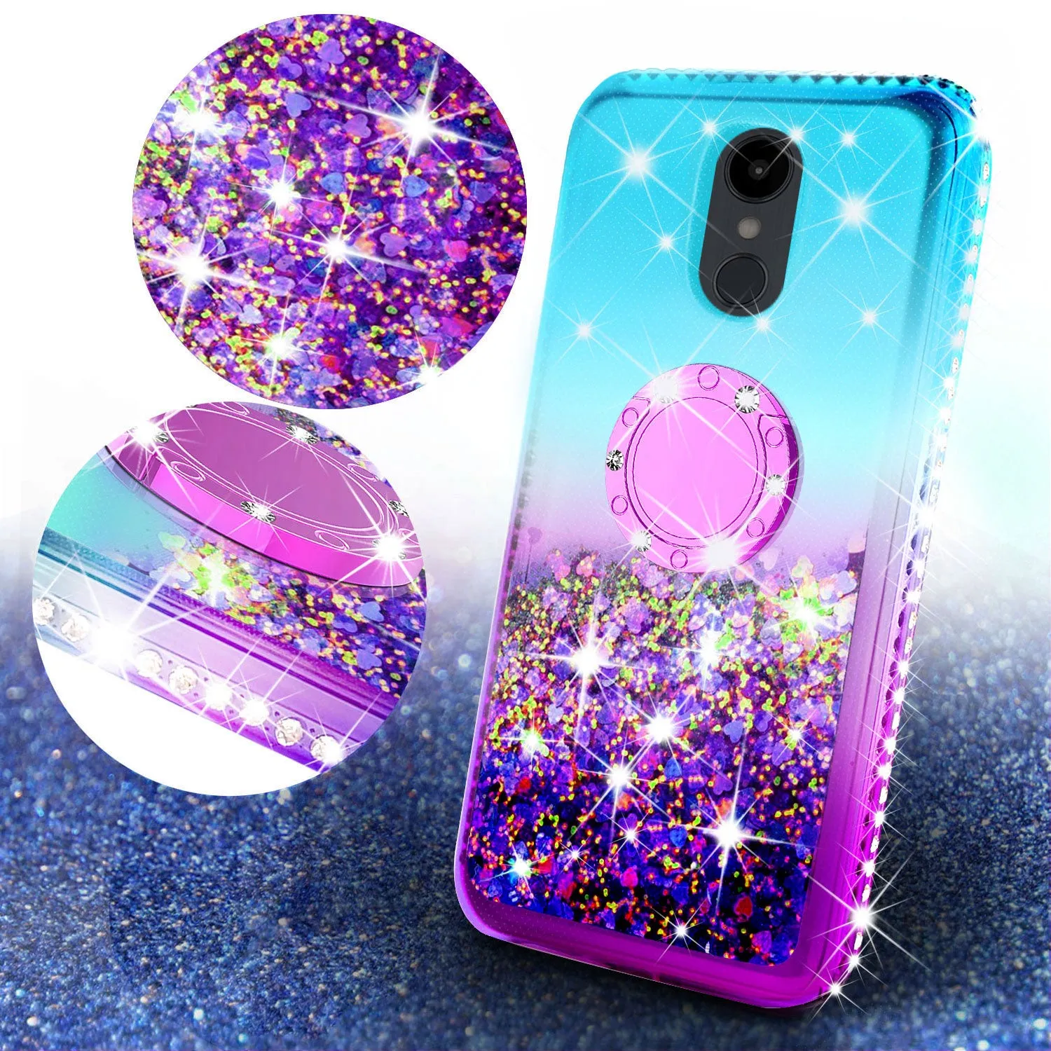 Glitter Phone Case Kickstand Compatible for Alcatel Revvl 2 Case, Alcatel 3 Case,Ring Stand Liquid Floating Quicksand Bling Sparkle Protective Girls Women for Alcatel Revvl 2/Alcatel 3 - (Teal Gradient)