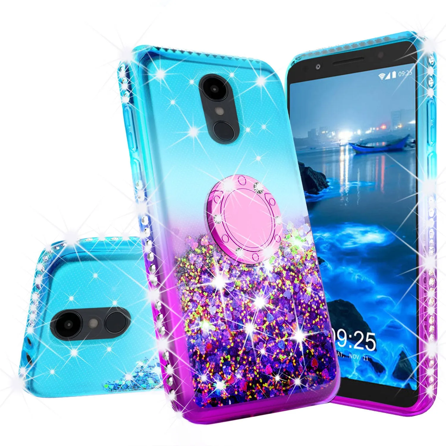 Glitter Phone Case Kickstand Compatible for Alcatel Revvl 2 Case, Alcatel 3 Case,Ring Stand Liquid Floating Quicksand Bling Sparkle Protective Girls Women for Alcatel Revvl 2/Alcatel 3 - (Teal Gradient)