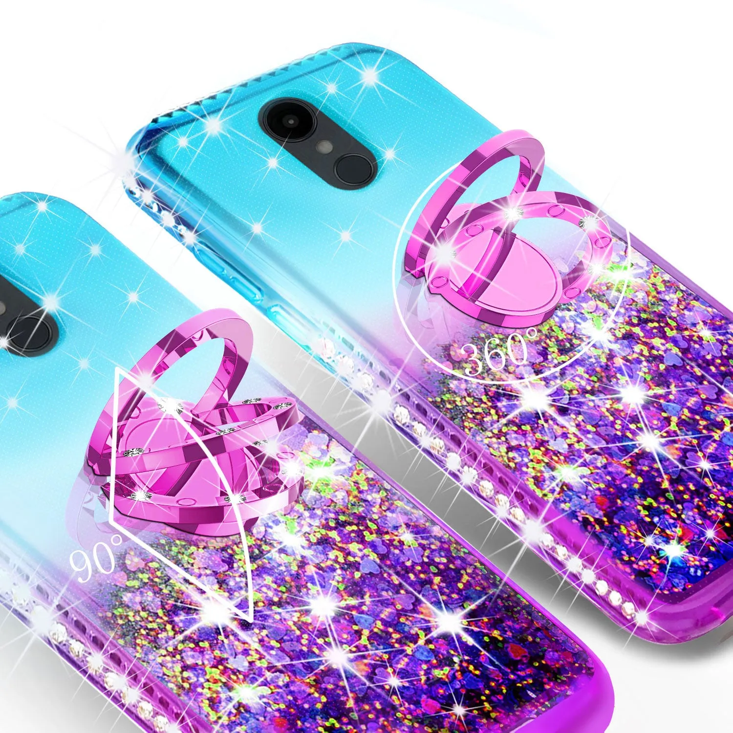 Glitter Phone Case Kickstand Compatible for Alcatel Revvl 2 Case, Alcatel 3 Case,Ring Stand Liquid Floating Quicksand Bling Sparkle Protective Girls Women for Alcatel Revvl 2/Alcatel 3 - (Teal Gradient)