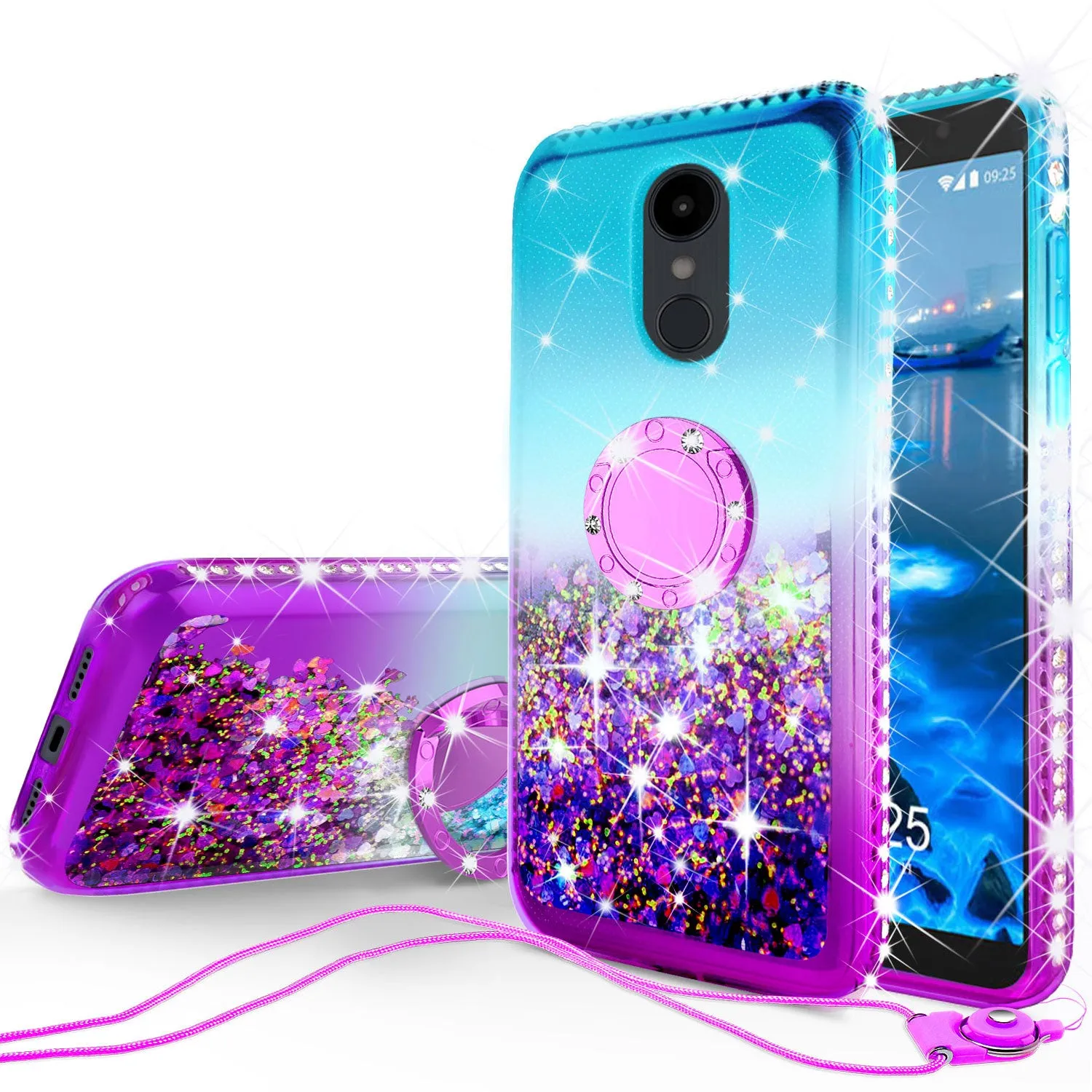 Glitter Phone Case Kickstand Compatible for Alcatel Revvl 2 Case, Alcatel 3 Case,Ring Stand Liquid Floating Quicksand Bling Sparkle Protective Girls Women for Alcatel Revvl 2/Alcatel 3 - (Teal Gradient)