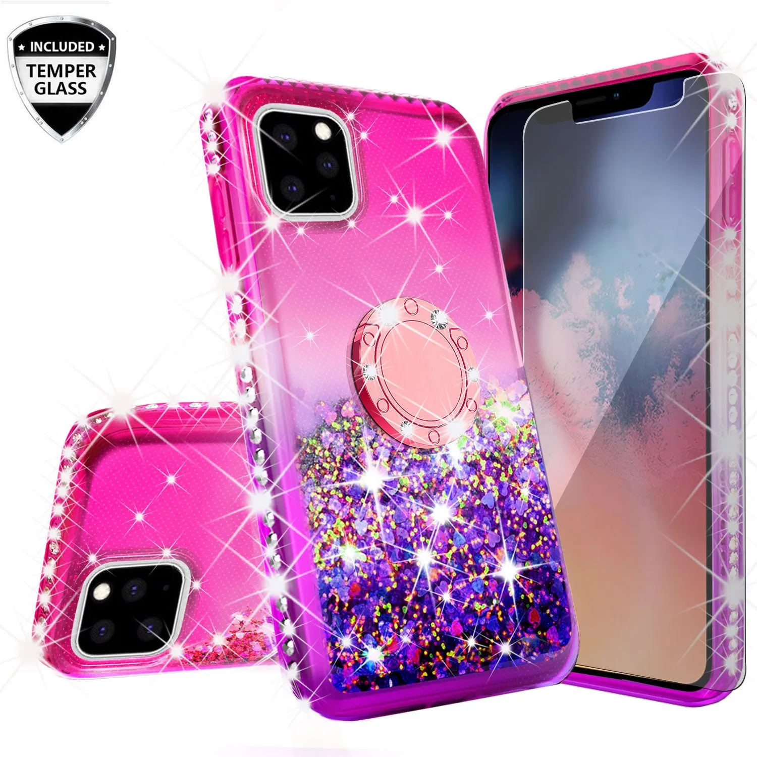 Glitter Phone Case Kickstand Compatible for Apple iPhone 13 Pro Max Case, iPhone 13 Pro Max Case,Ring Stand Liquid Floating Quicksand Bling Sparkle Protective Girls Women for Apple iPhone 13 Pro Max W/Temper Glass - (Hot Pink/Purple Gradient)