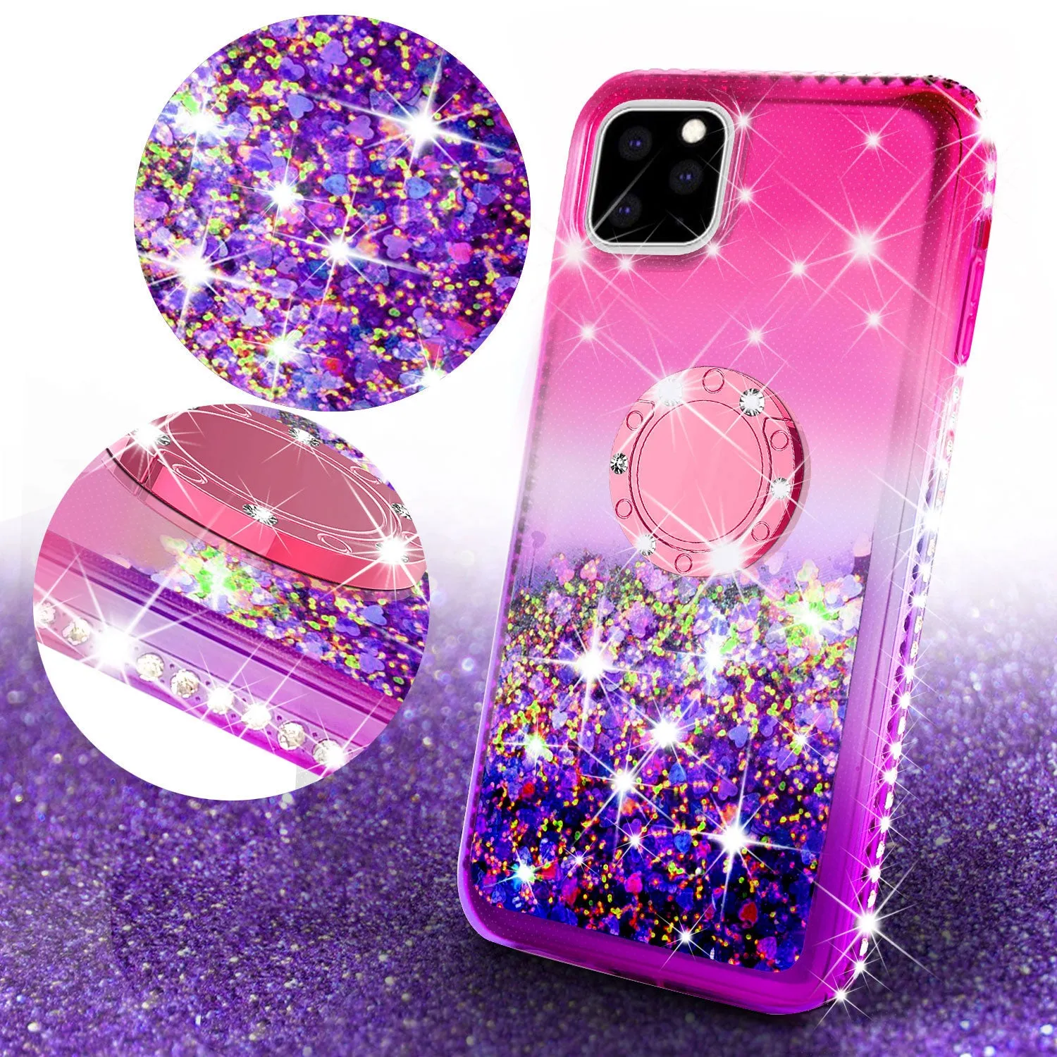Glitter Phone Case Kickstand Compatible for Apple iPhone 13 Pro Max Case, iPhone 13 Pro Max Case,Ring Stand Liquid Floating Quicksand Bling Sparkle Protective Girls Women for Apple iPhone 13 Pro Max W/Temper Glass - (Hot Pink/Purple Gradient)