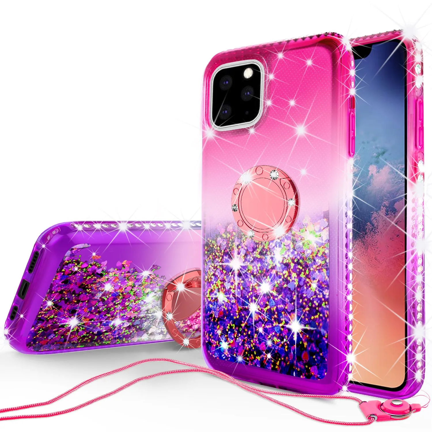 Glitter Phone Case Kickstand Compatible for Apple iPhone 13 Pro Max Case, iPhone 13 Pro Max Case,Ring Stand Liquid Floating Quicksand Bling Sparkle Protective Girls Women for Apple iPhone 13 Pro Max W/Temper Glass - (Hot Pink/Purple Gradient)