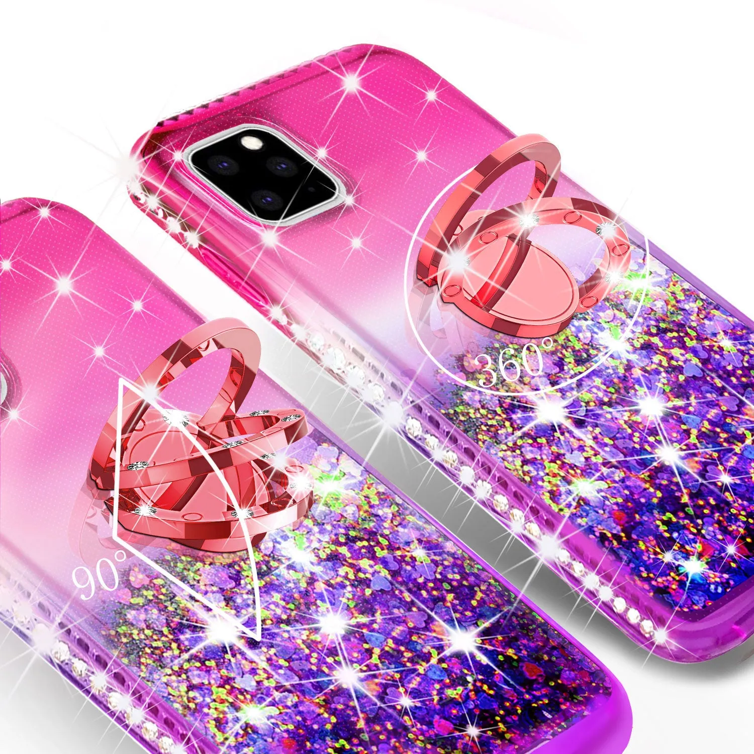 Glitter Phone Case Kickstand Compatible for Apple iPhone 13 Pro Max Case, iPhone 13 Pro Max Case,Ring Stand Liquid Floating Quicksand Bling Sparkle Protective Girls Women for Apple iPhone 13 Pro Max W/Temper Glass - (Hot Pink/Purple Gradient)