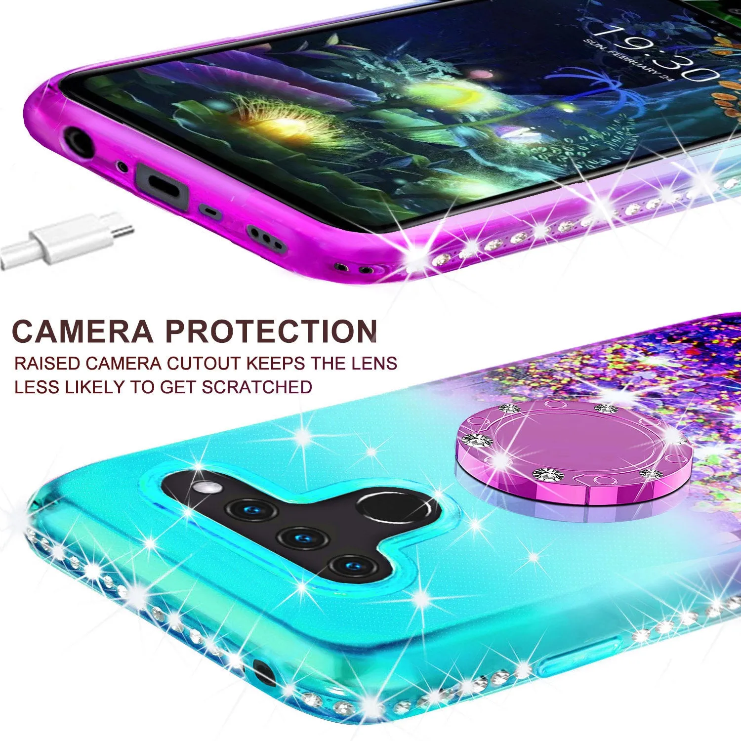Glitter Phone Case Kickstand Compatible for LG V50 ThinQ 5G , V50 ThinQ Case, Ring Bling Sparkle Protective Girls Women - (Teal Gradient)