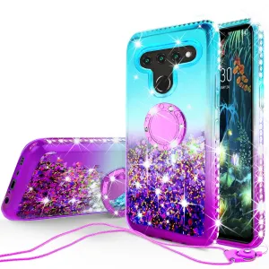 Glitter Phone Case Kickstand Compatible for LG V50 ThinQ 5G , V50 ThinQ Case, Ring Bling Sparkle Protective Girls Women - (Teal Gradient)