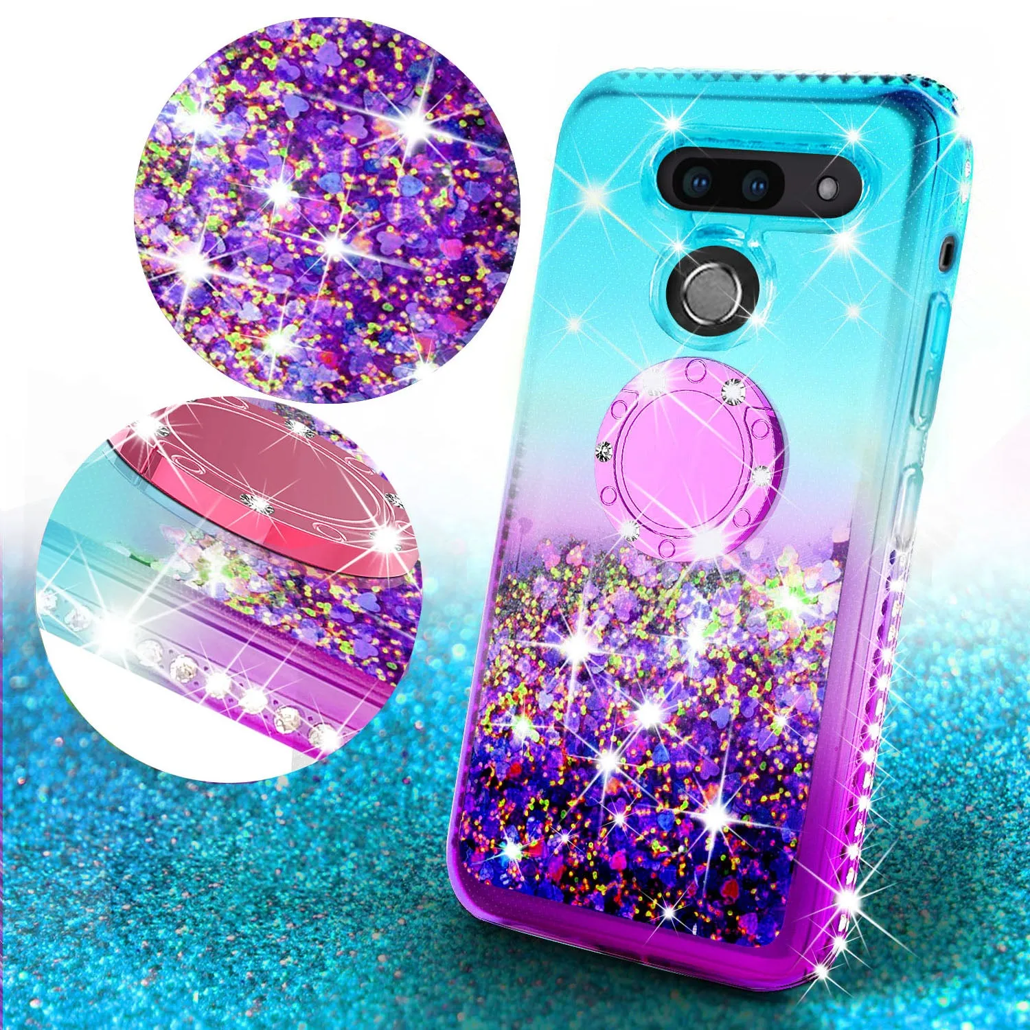 Glitter Phone Case Kickstand Compatible for LG V50 ThinQ 5G , V50 ThinQ Case, Ring Bling Sparkle Protective Girls Women - (Teal Gradient)