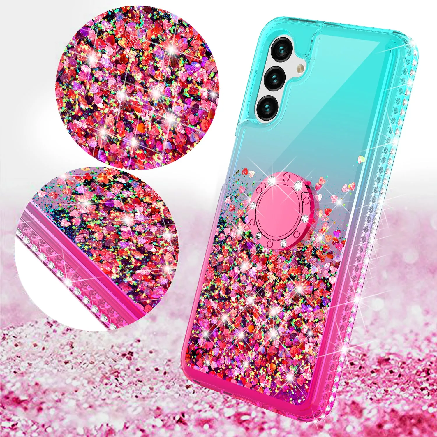 Glitter Phone Case Kickstand Compatible for Samsung Galaxy A13 5G Case, Samsung Galaxy A13 5G Case,Ring Stand Liquid Floating Quicksand Bling Sparkle Protective Girls Women for Samsung Galaxy A13 5G W/Temper Glass - (Teal/Pink Gradient)