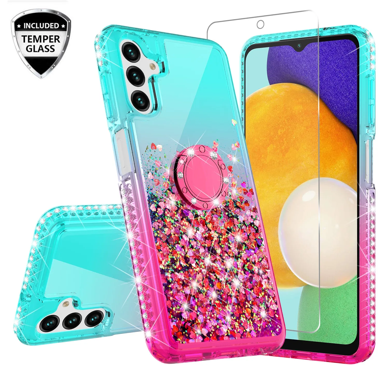 Glitter Phone Case Kickstand Compatible for Samsung Galaxy A13 5G Case, Samsung Galaxy A13 5G Case,Ring Stand Liquid Floating Quicksand Bling Sparkle Protective Girls Women for Samsung Galaxy A13 5G W/Temper Glass - (Teal/Pink Gradient)