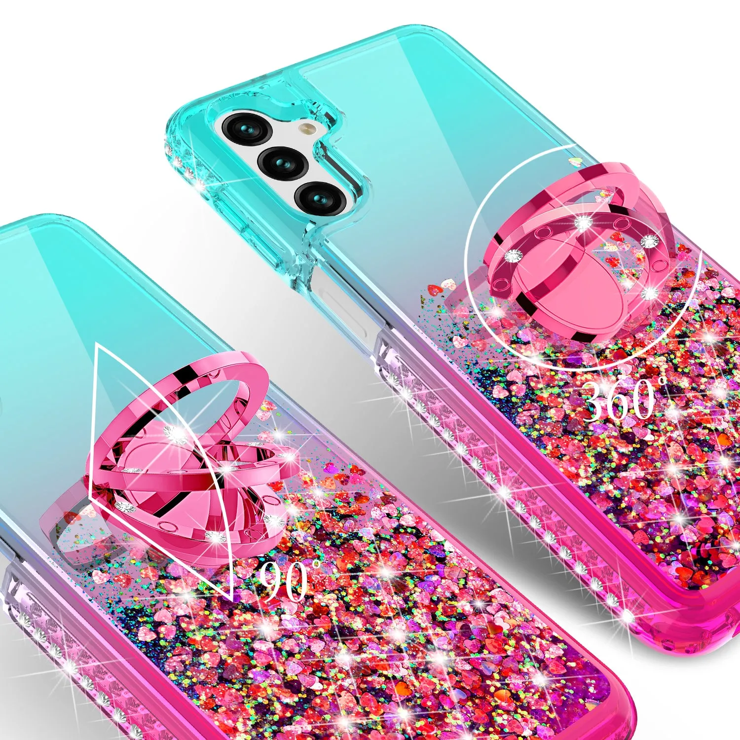 Glitter Phone Case Kickstand Compatible for Samsung Galaxy A13 5G Case, Samsung Galaxy A13 5G Case,Ring Stand Liquid Floating Quicksand Bling Sparkle Protective Girls Women for Samsung Galaxy A13 5G W/Temper Glass - (Teal/Pink Gradient)
