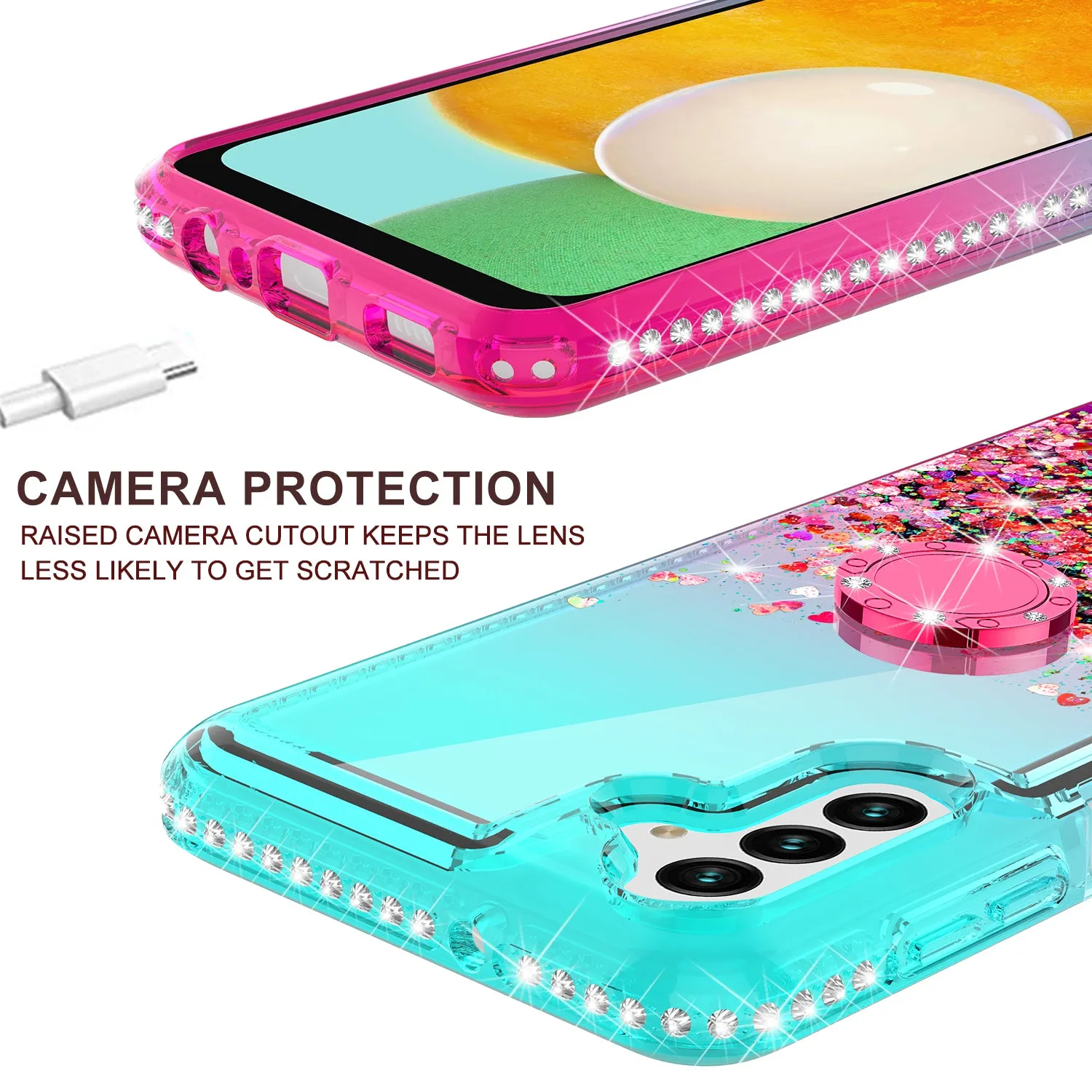 Glitter Phone Case Kickstand Compatible for Samsung Galaxy A13 5G Case, Samsung Galaxy A13 5G Case,Ring Stand Liquid Floating Quicksand Bling Sparkle Protective Girls Women for Samsung Galaxy A13 5G W/Temper Glass - (Teal/Pink Gradient)