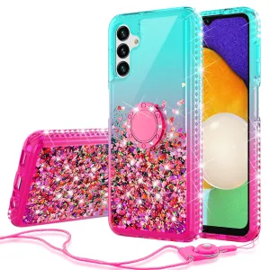 Glitter Phone Case Kickstand Compatible for Samsung Galaxy A13 5G Case, Samsung Galaxy A13 5G Case,Ring Stand Liquid Floating Quicksand Bling Sparkle Protective Girls Women for Samsung Galaxy A13 5G W/Temper Glass - (Teal/Pink Gradient)
