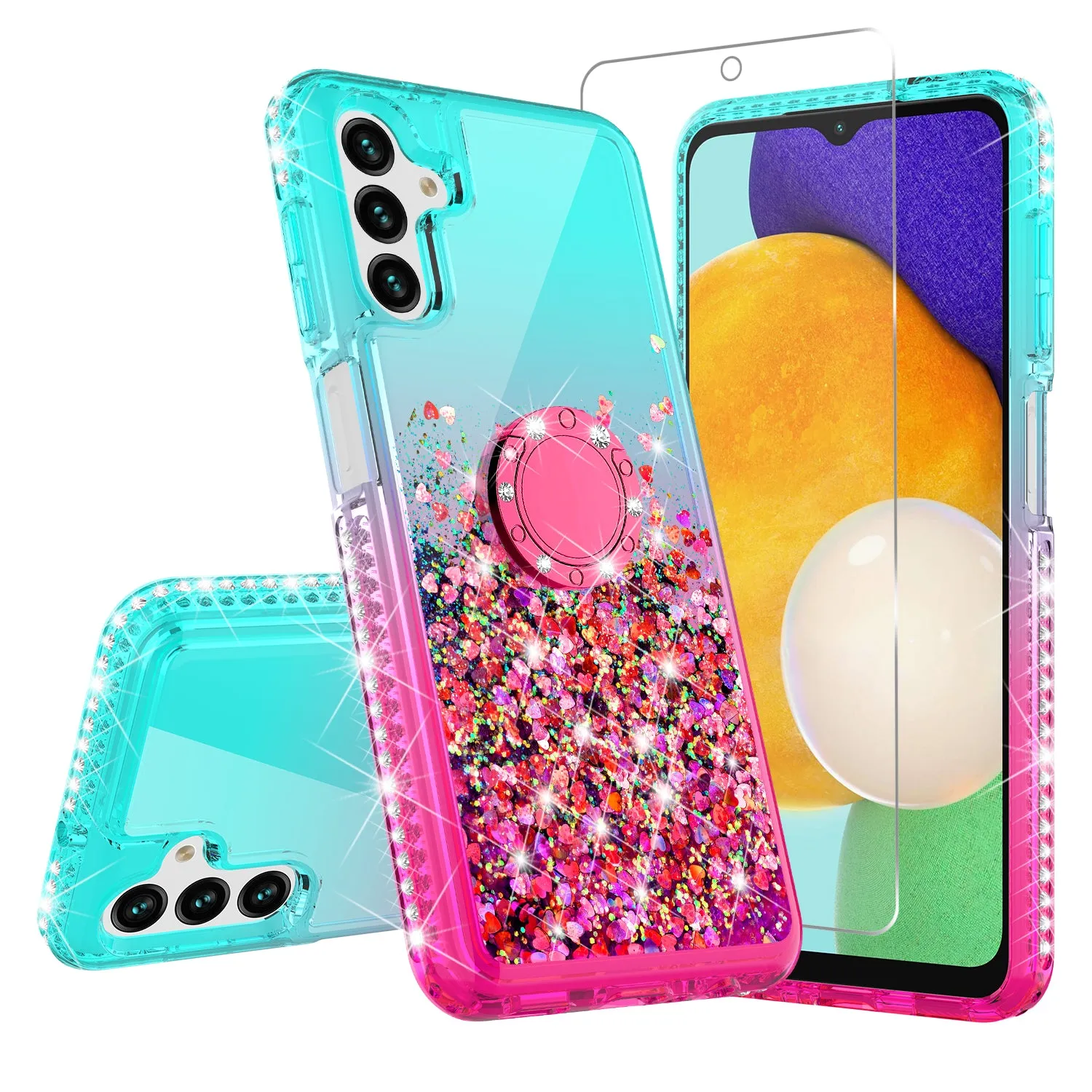 Glitter Phone Case Kickstand Compatible for Samsung Galaxy A13 5G Case, Samsung Galaxy A13 5G Case,Ring Stand Liquid Floating Quicksand Bling Sparkle Protective Girls Women for Samsung Galaxy A13 5G W/Temper Glass - (Teal/Pink Gradient)