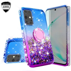 Glitter Phone Case Kickstand Compatible for Samsung Galaxy S20 Case, Galaxy S20 Case,Ring Stand Liquid Floating Quicksand Bling Sparkle Protective Girls Women for Samsung Galaxy S20 W/Temper Glass - (Blue/Purple Gradient)