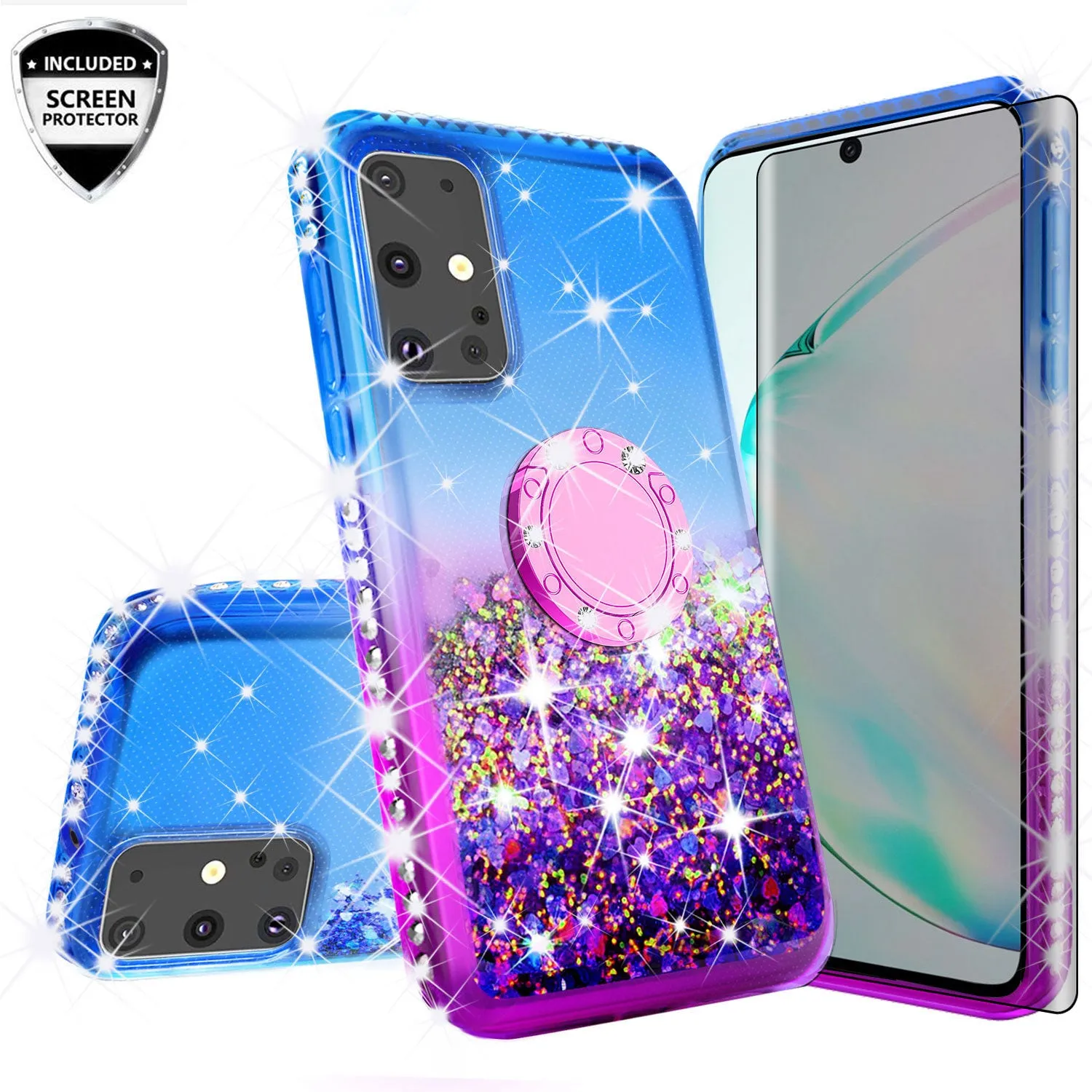 Glitter Phone Case Kickstand Compatible for Samsung Galaxy S20 Case, Galaxy S20 Case,Ring Stand Liquid Floating Quicksand Bling Sparkle Protective Girls Women for Samsung Galaxy S20 W/Temper Glass - (Blue/Purple Gradient)