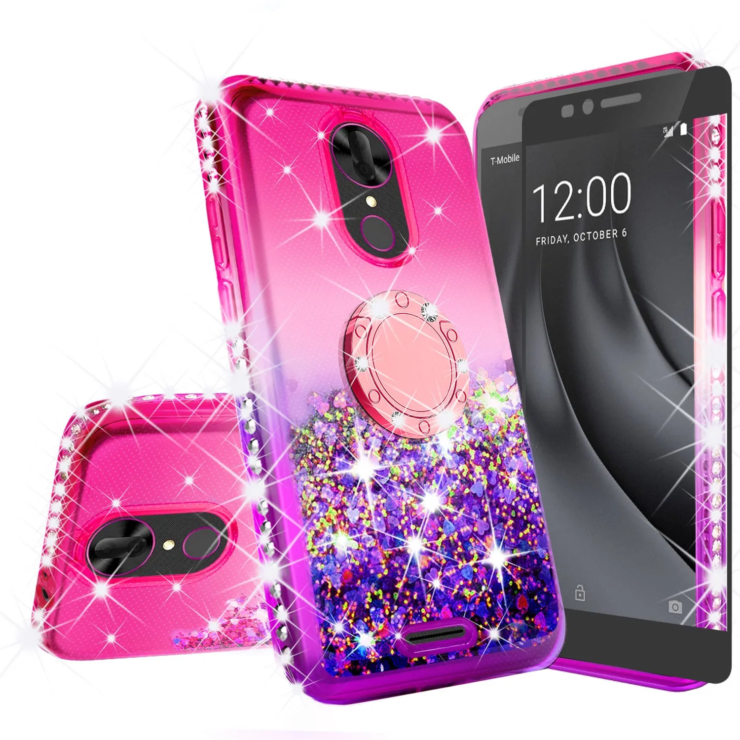 Glitter Phone Case Kickstand Compatible for T-mobile REVVL  Plus, Coolpad REVVL Plus Case,Ring Stand Liquid Floating Quicksand Bling Sparkle Protective Girls Women for REVVL Plus - (Hot Pink Gradient)