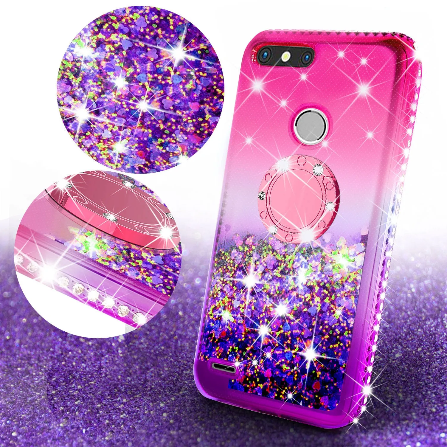 Glitter Phone Case Kickstand Compatible for ZTE Sequoia Case, Blade Z Max, ZTE Z982 Case,Ring Stand Liquid Floating Quicksand Bling Sparkle Protective Girls Women for Sequoia - (Pink Gradient)