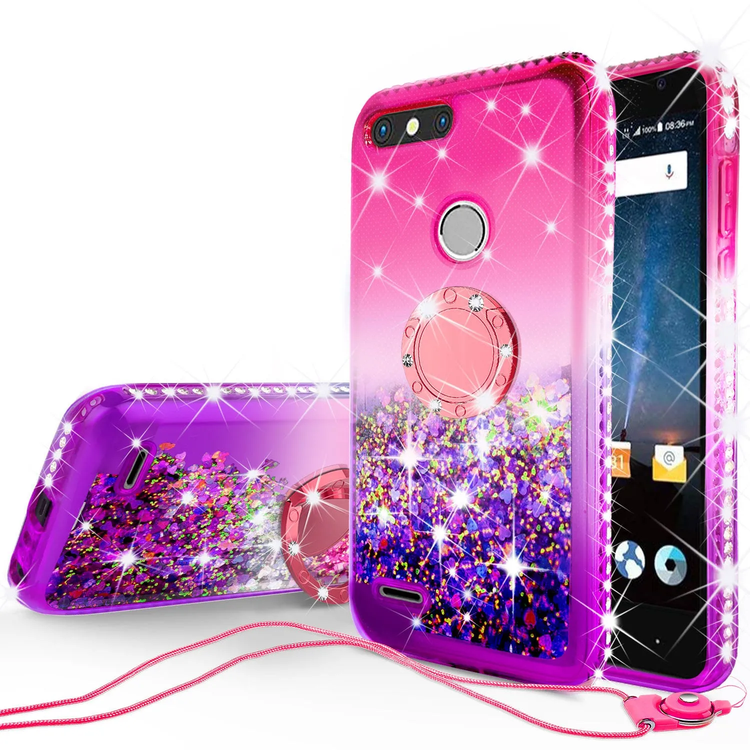 Glitter Phone Case Kickstand Compatible for ZTE Sequoia Case, Blade Z Max, ZTE Z982 Case,Ring Stand Liquid Floating Quicksand Bling Sparkle Protective Girls Women for Sequoia - (Pink Gradient)