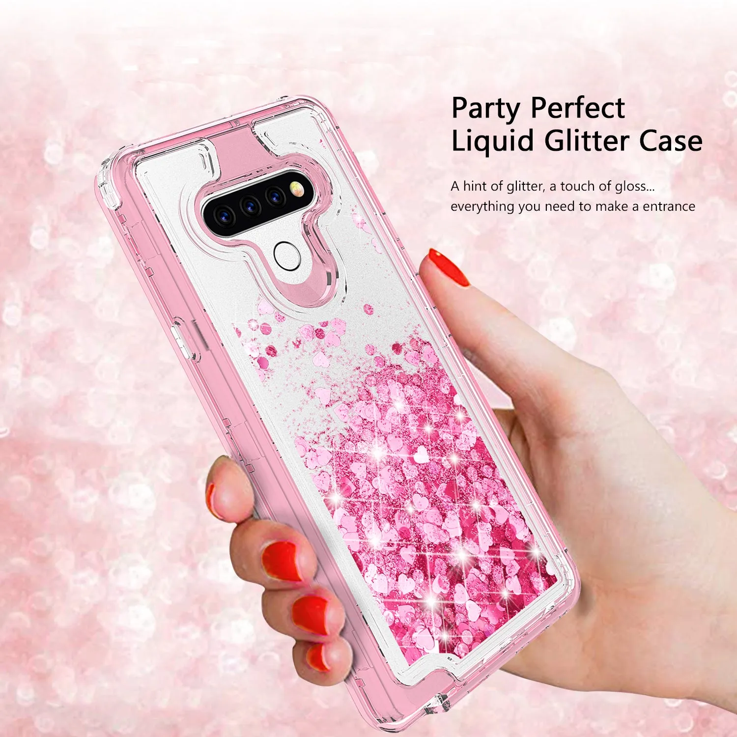 LG Aristo 5 Case,Hard Clear Glitter Sparkle Flowing Liquid Heavy Duty Shockproof Three Layer Protective Bling Girls Women Cases for LG Aristo 5 - Pink