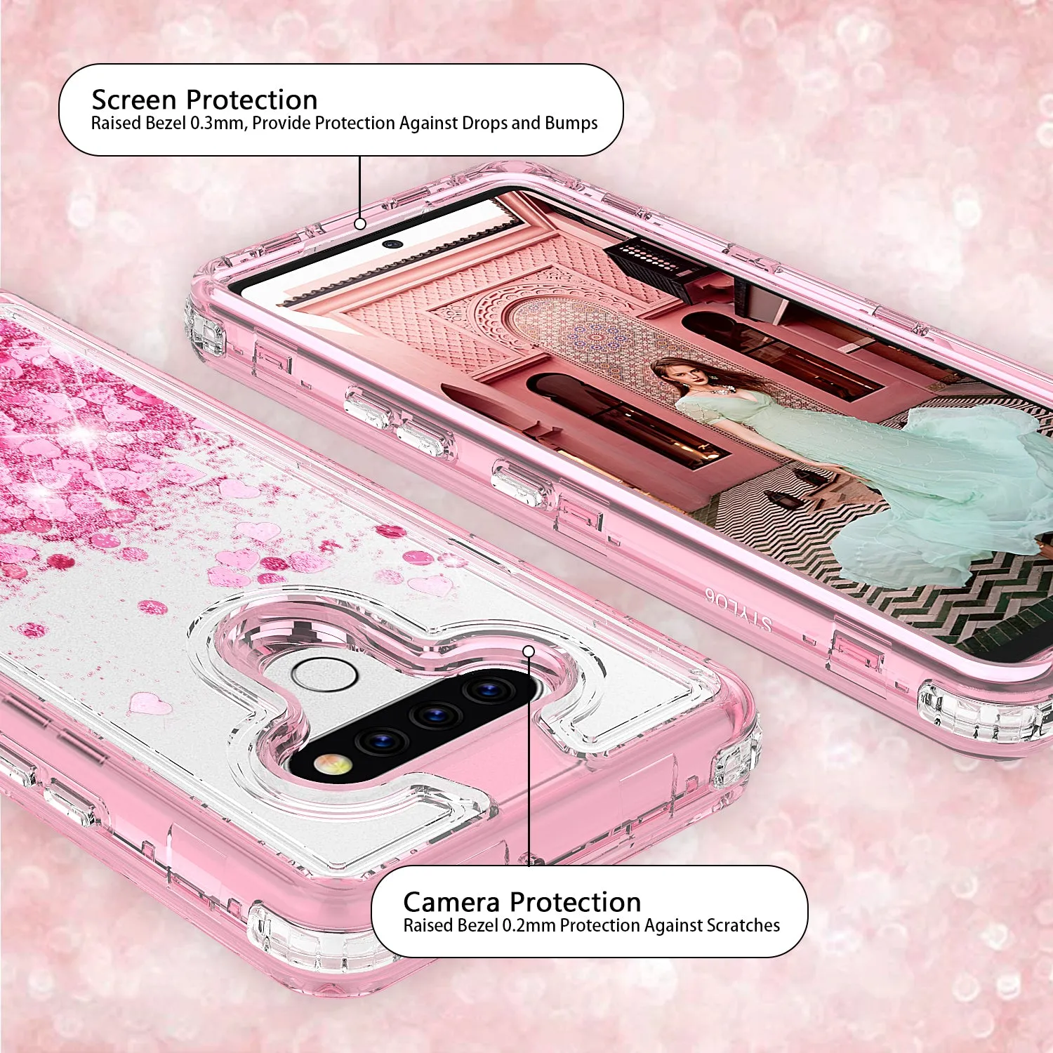 LG Aristo 5 Case,Hard Clear Glitter Sparkle Flowing Liquid Heavy Duty Shockproof Three Layer Protective Bling Girls Women Cases for LG Aristo 5 - Pink