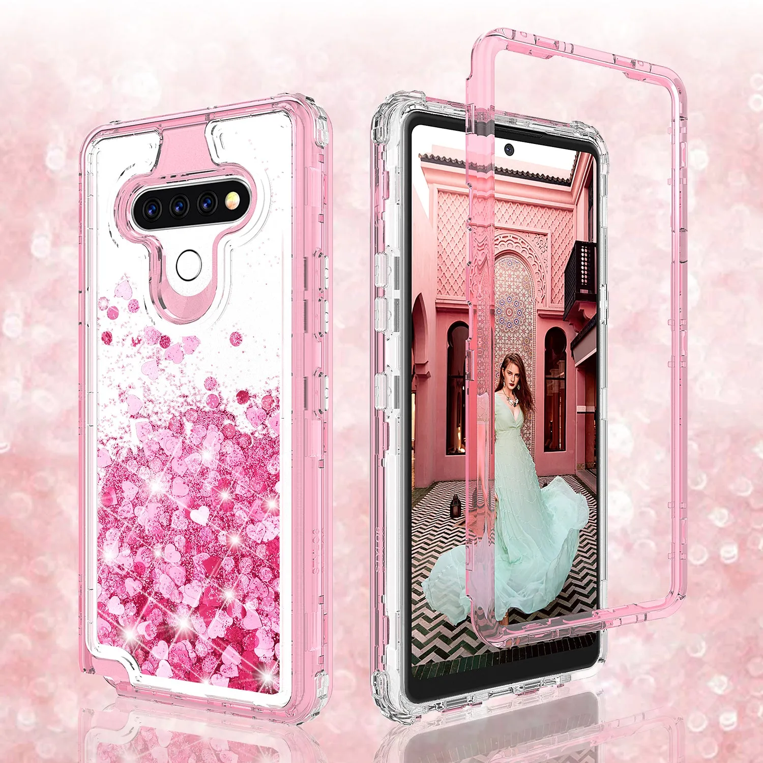 LG Aristo 5 Case,Hard Clear Glitter Sparkle Flowing Liquid Heavy Duty Shockproof Three Layer Protective Bling Girls Women Cases for LG Aristo 5 - Pink