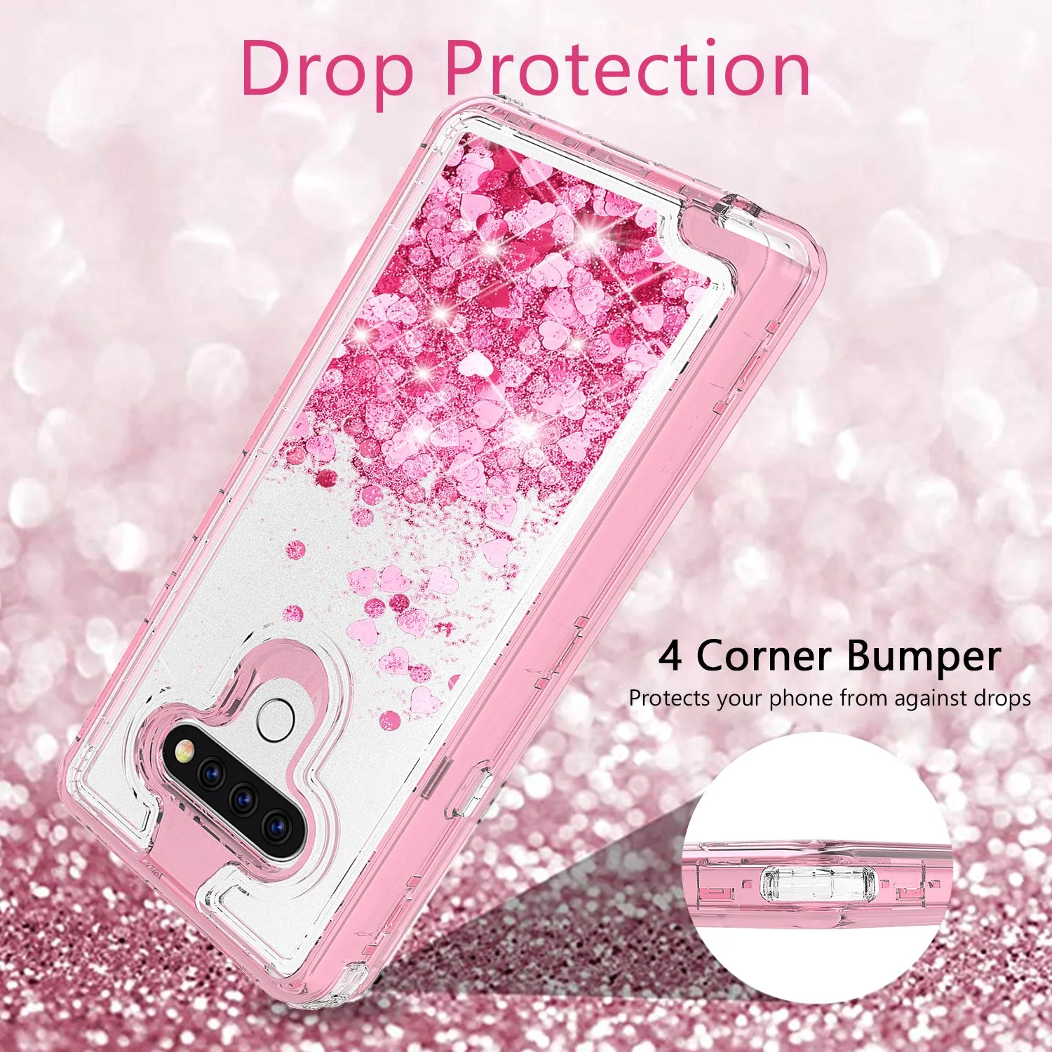 LG Aristo 5 Case,Hard Clear Glitter Sparkle Flowing Liquid Heavy Duty Shockproof Three Layer Protective Bling Girls Women Cases for LG Aristo 5 - Pink