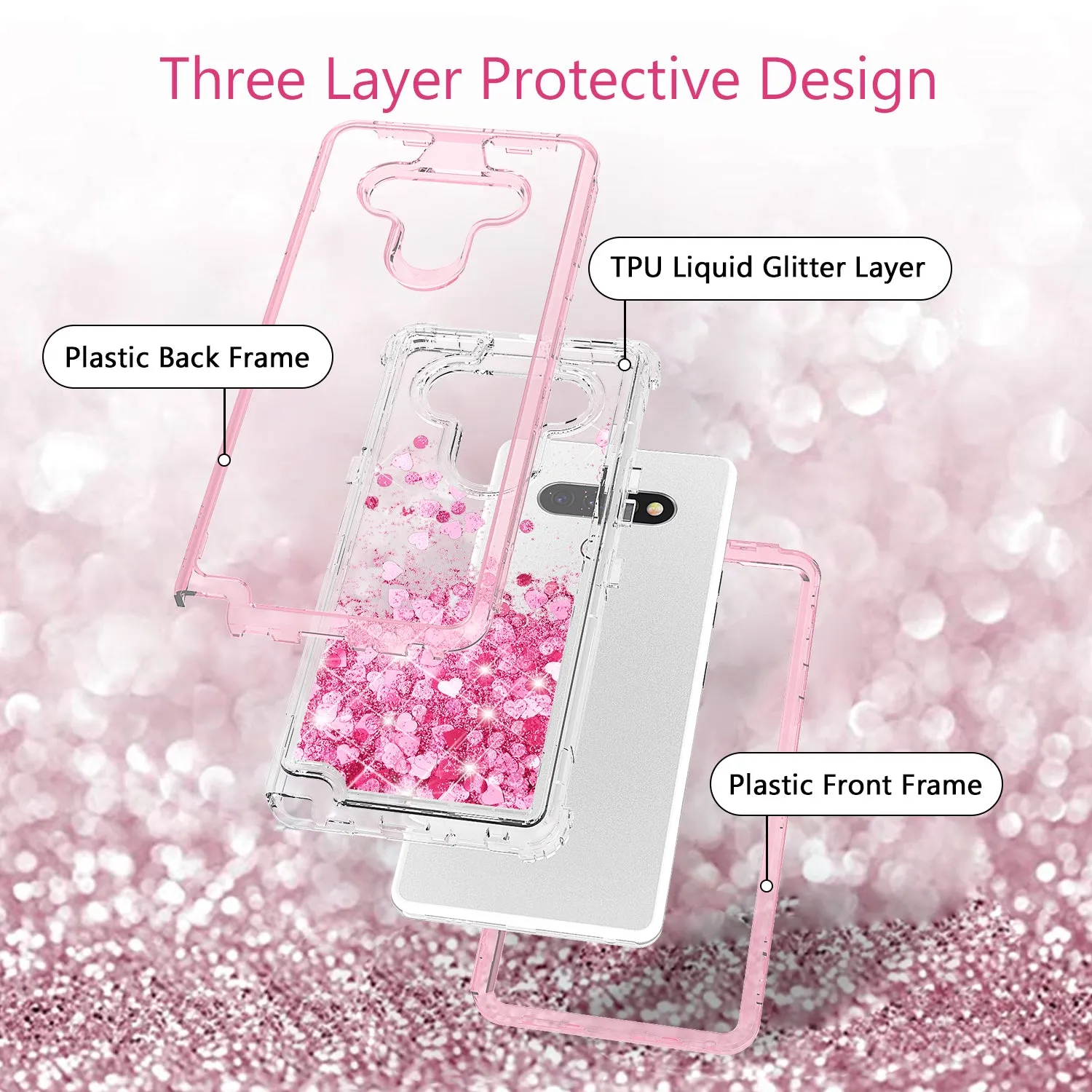 LG Aristo 5 Case,Hard Clear Glitter Sparkle Flowing Liquid Heavy Duty Shockproof Three Layer Protective Bling Girls Women Cases for LG Aristo 5 - Pink
