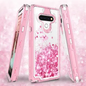 LG Aristo 5 Case,Hard Clear Glitter Sparkle Flowing Liquid Heavy Duty Shockproof Three Layer Protective Bling Girls Women Cases for LG Aristo 5 - Pink