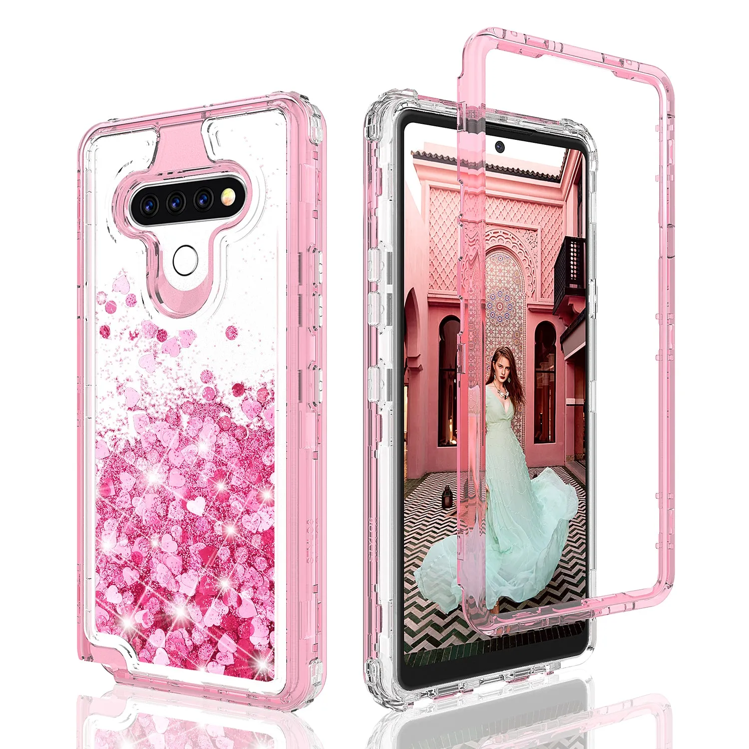 LG Aristo 5 Case,Hard Clear Glitter Sparkle Flowing Liquid Heavy Duty Shockproof Three Layer Protective Bling Girls Women Cases for LG Aristo 5 - Pink