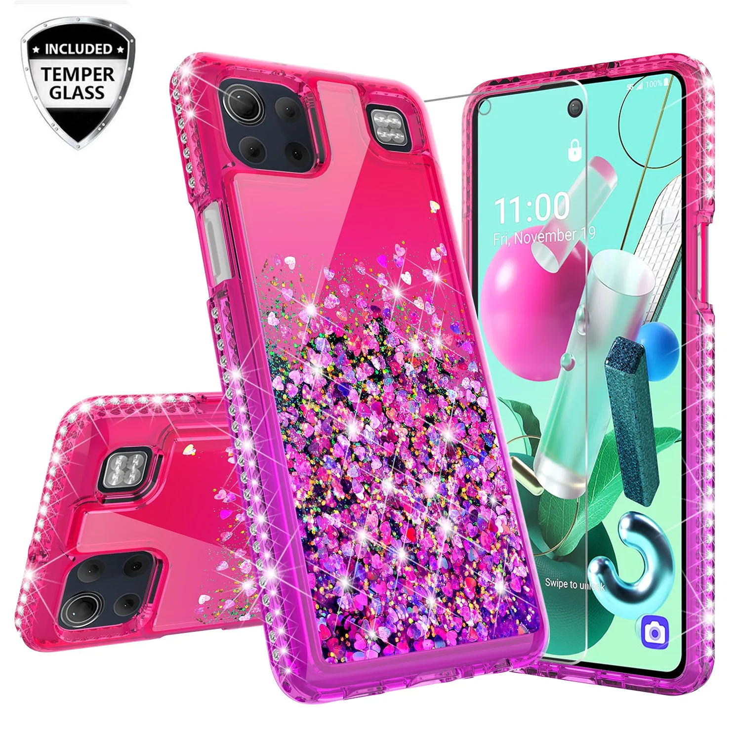 LG K92 5G Case Liquid Glitter Phone Case Waterfall Floating Quicksand Bling Sparkle Cute Protective Girls Women Cover for LG K92 5G w/ Tempered Glass - (Hot Pink/Purple Gradient)