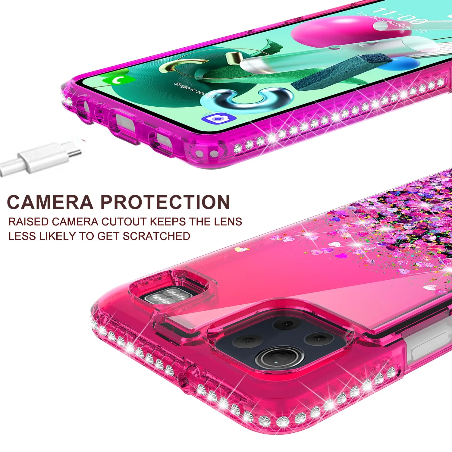 LG K92 5G Case Liquid Glitter Phone Case Waterfall Floating Quicksand Bling Sparkle Cute Protective Girls Women Cover for LG K92 5G w/ Tempered Glass - (Hot Pink/Purple Gradient)