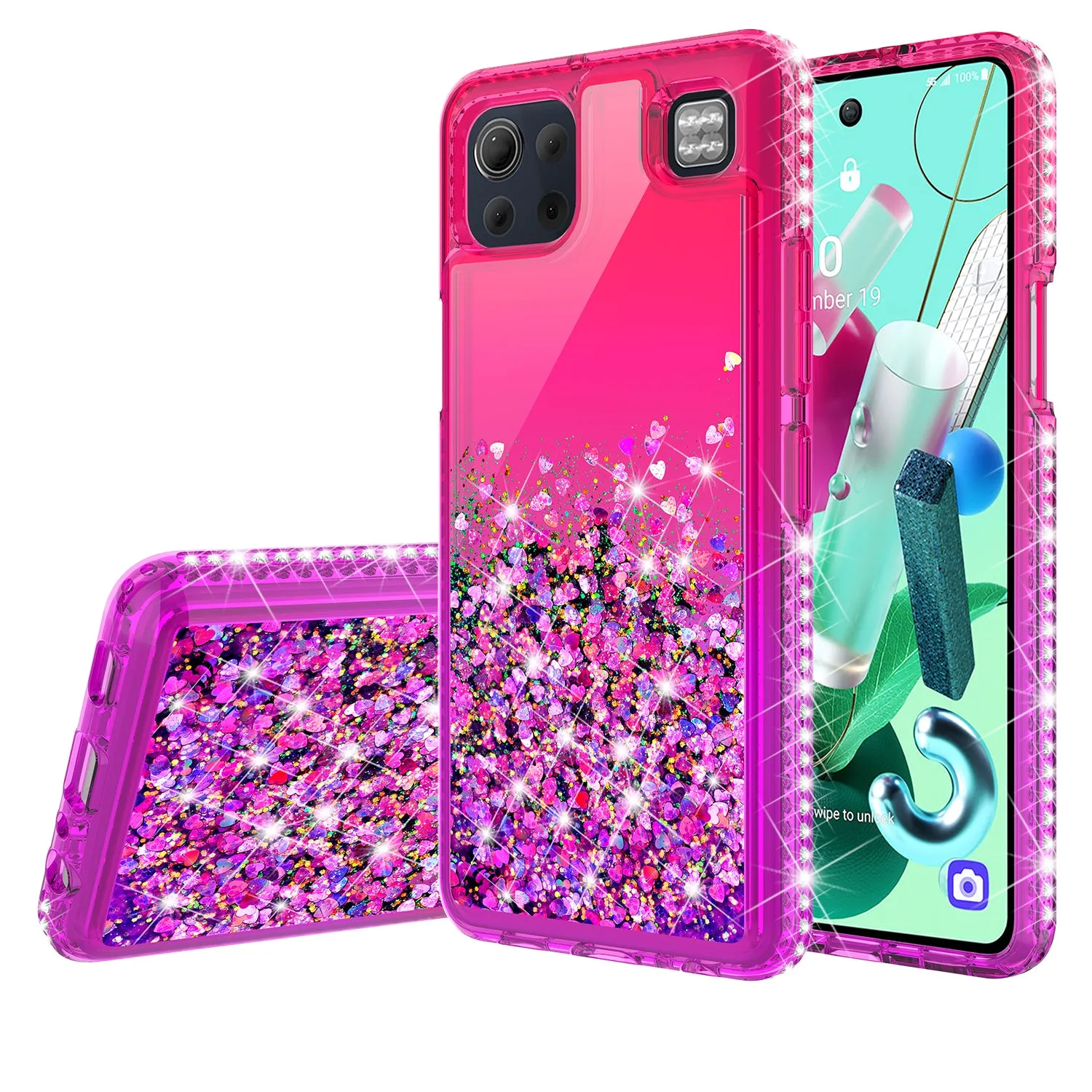 LG K92 5G Case Liquid Glitter Phone Case Waterfall Floating Quicksand Bling Sparkle Cute Protective Girls Women Cover for LG K92 5G w/ Tempered Glass - (Hot Pink/Purple Gradient)