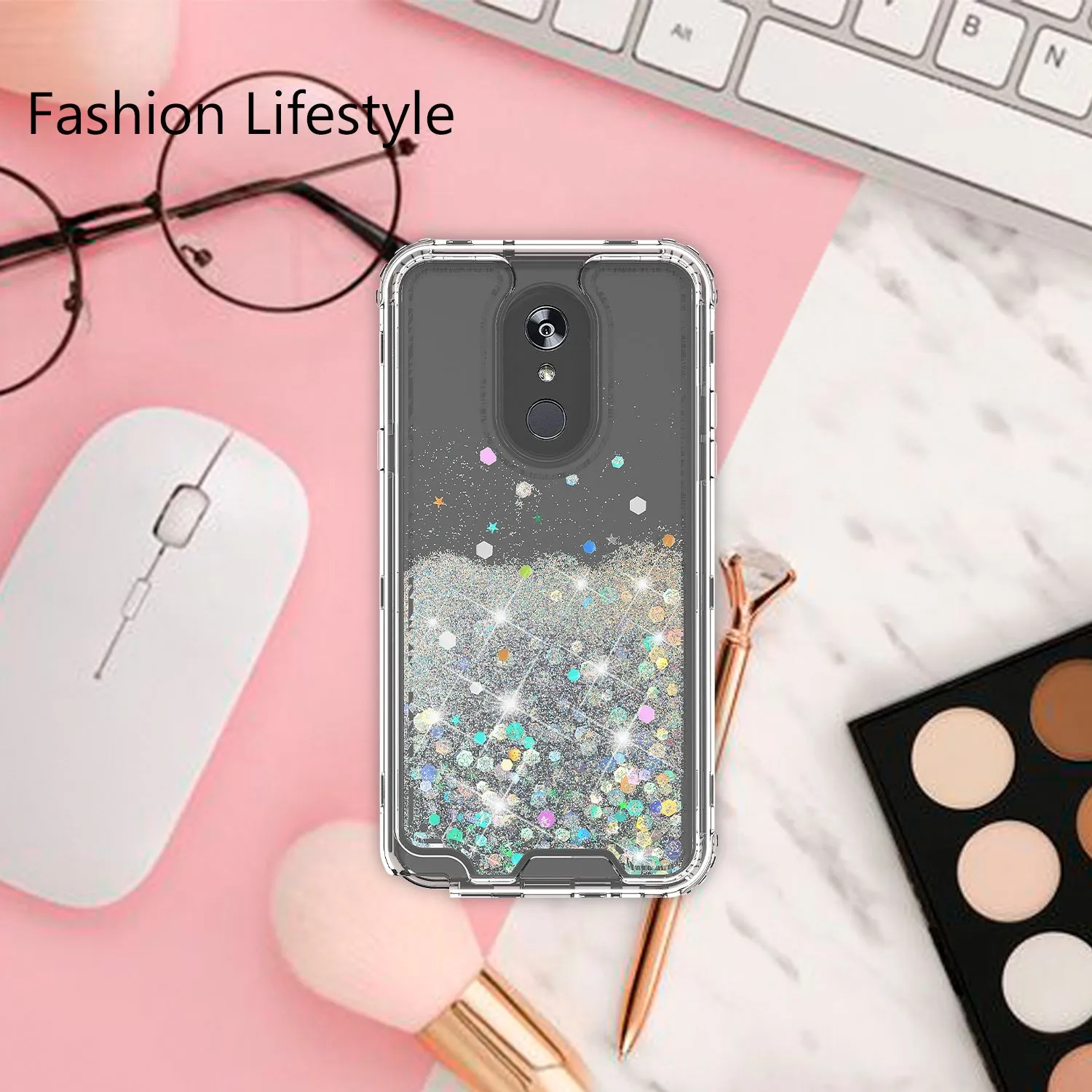LG Stylo 4 Case, Stylo 4 Plus, Q Stylus Case,Hard Clear Glitter Sparkle Flowing Liquid Heavy Duty Shockproof Three Layer Protective Bling Girls Women Cases for LG Stylo 4 - Clear