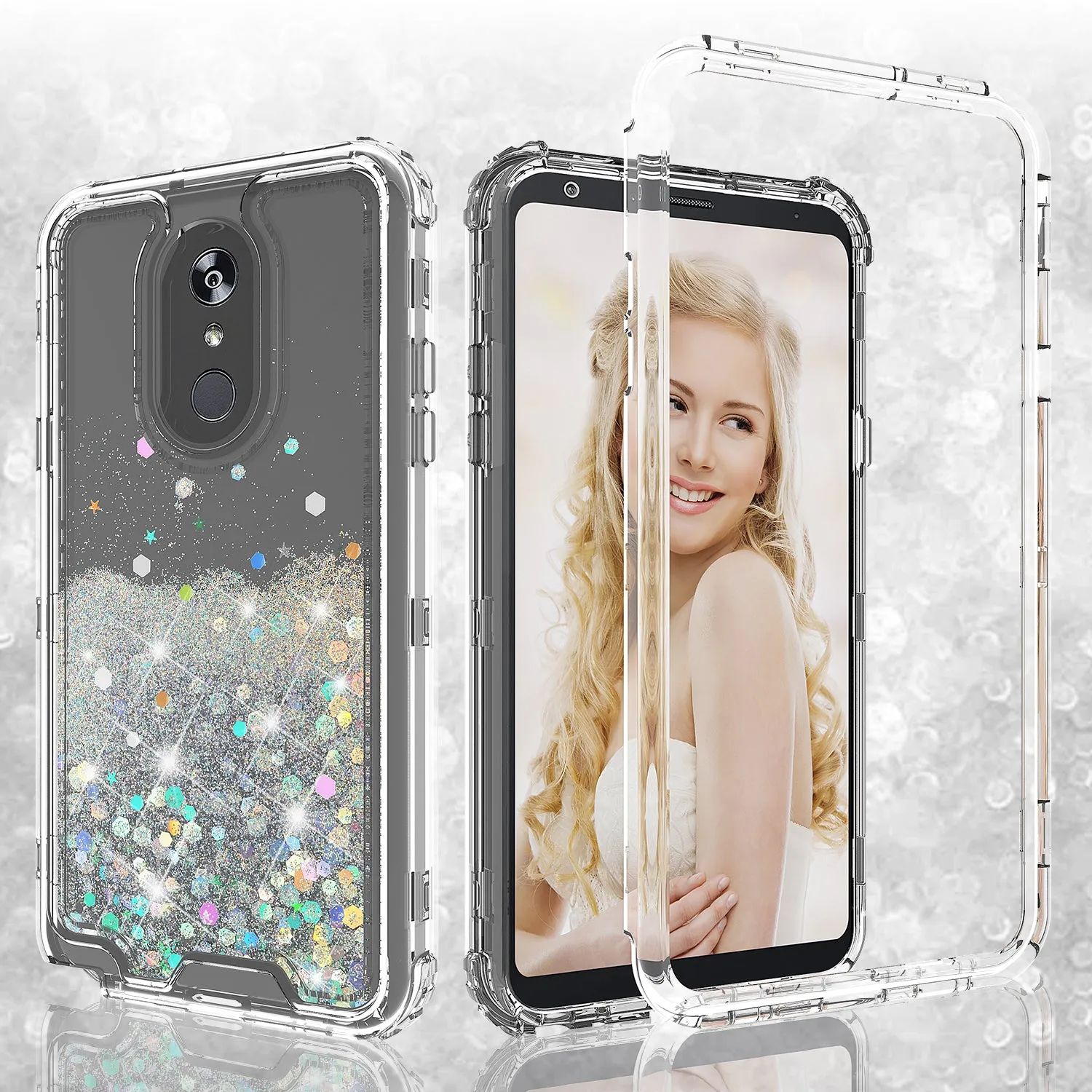 LG Stylo 4 Case, Stylo 4 Plus, Q Stylus Case,Hard Clear Glitter Sparkle Flowing Liquid Heavy Duty Shockproof Three Layer Protective Bling Girls Women Cases for LG Stylo 4 - Clear