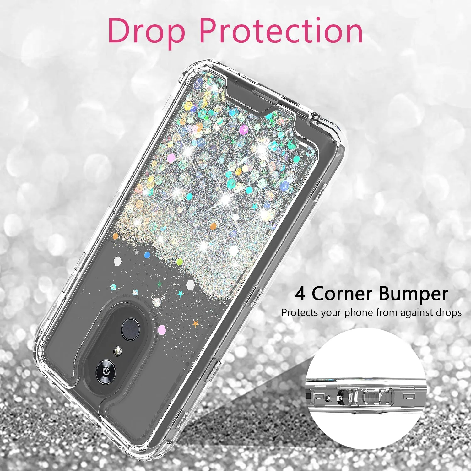 LG Stylo 4 Case, Stylo 4 Plus, Q Stylus Case,Hard Clear Glitter Sparkle Flowing Liquid Heavy Duty Shockproof Three Layer Protective Bling Girls Women Cases for LG Stylo 4 - Clear