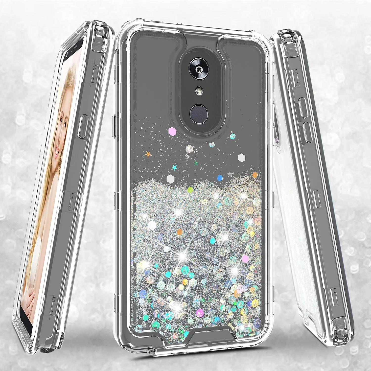LG Stylo 4 Case, Stylo 4 Plus, Q Stylus Case,Hard Clear Glitter Sparkle Flowing Liquid Heavy Duty Shockproof Three Layer Protective Bling Girls Women Cases for LG Stylo 4 - Clear