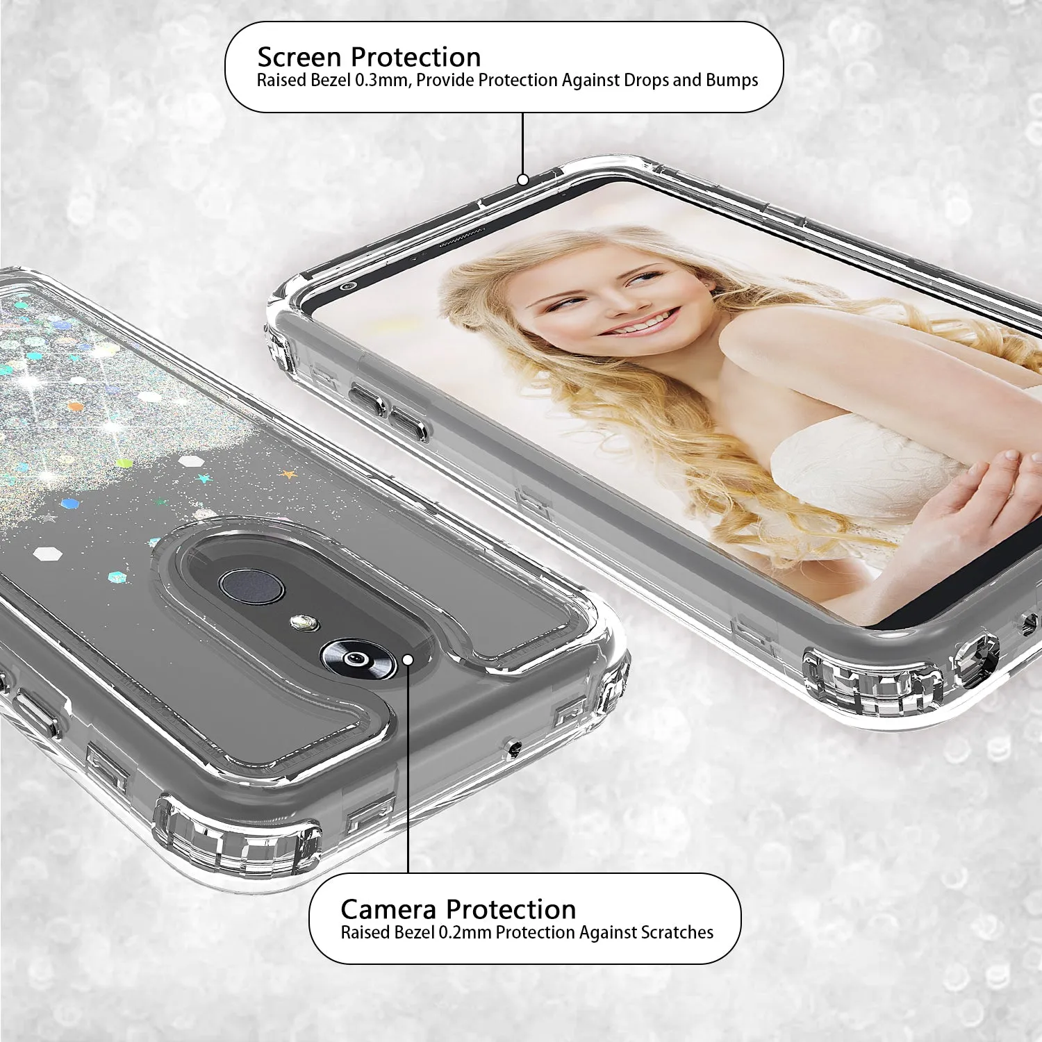 LG Stylo 4 Case, Stylo 4 Plus, Q Stylus Case,Hard Clear Glitter Sparkle Flowing Liquid Heavy Duty Shockproof Three Layer Protective Bling Girls Women Cases for LG Stylo 4 - Clear