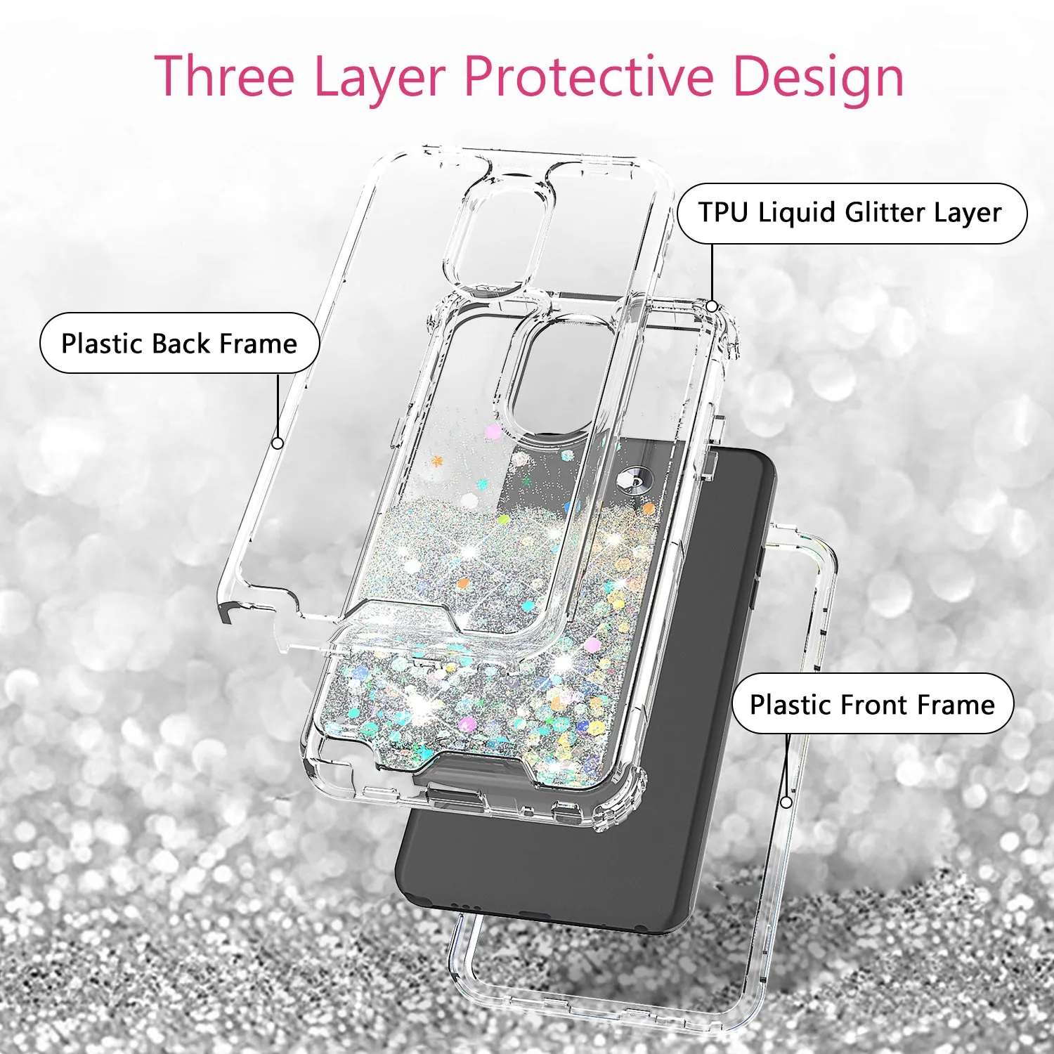 LG Stylo 5 Case,Hard Clear Glitter Sparkle Flowing Liquid Heavy Duty Shockproof Three Layer Protective Bling Girls Women Cases for LG Stylo 5 - Clear