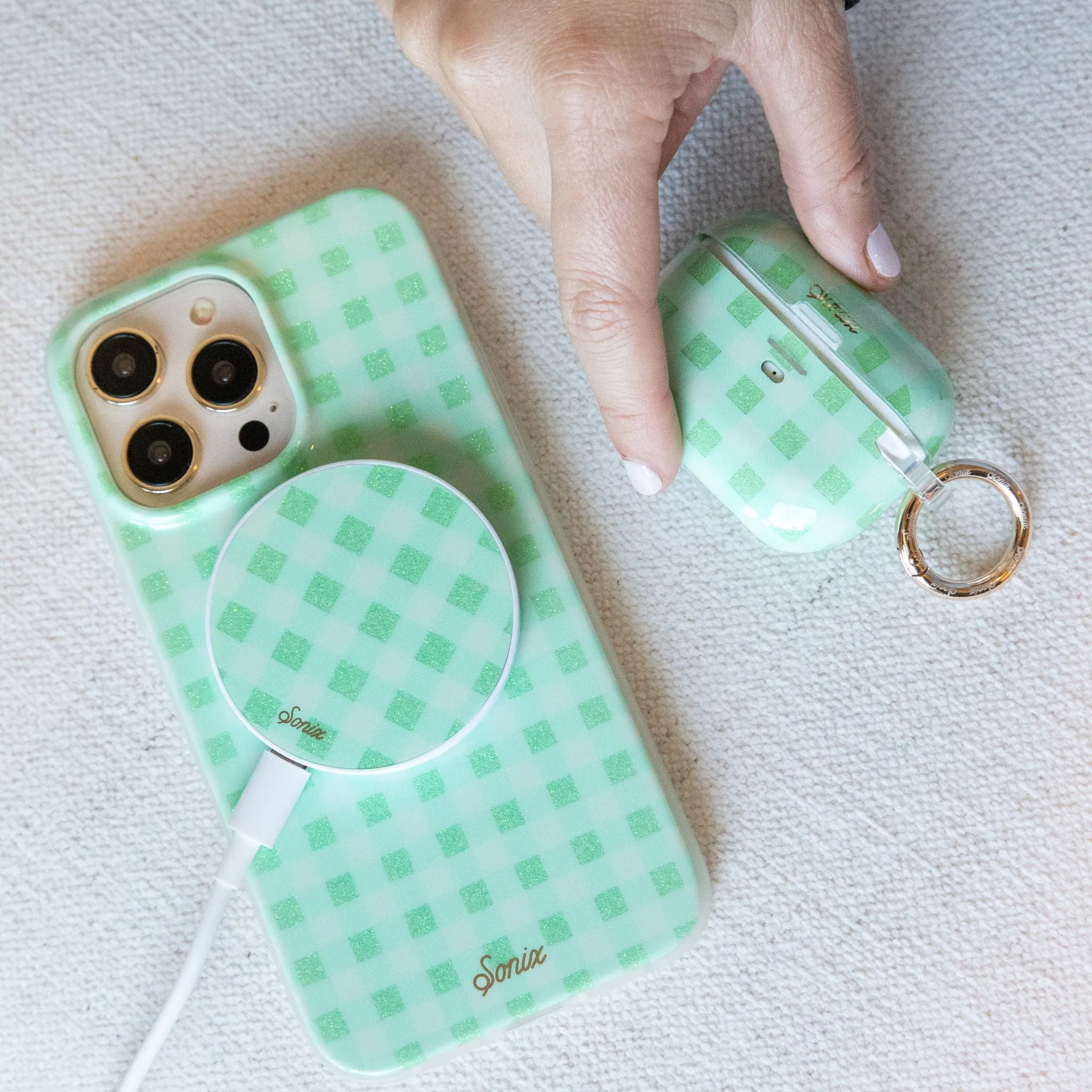 Minty Gingham AirPods Case