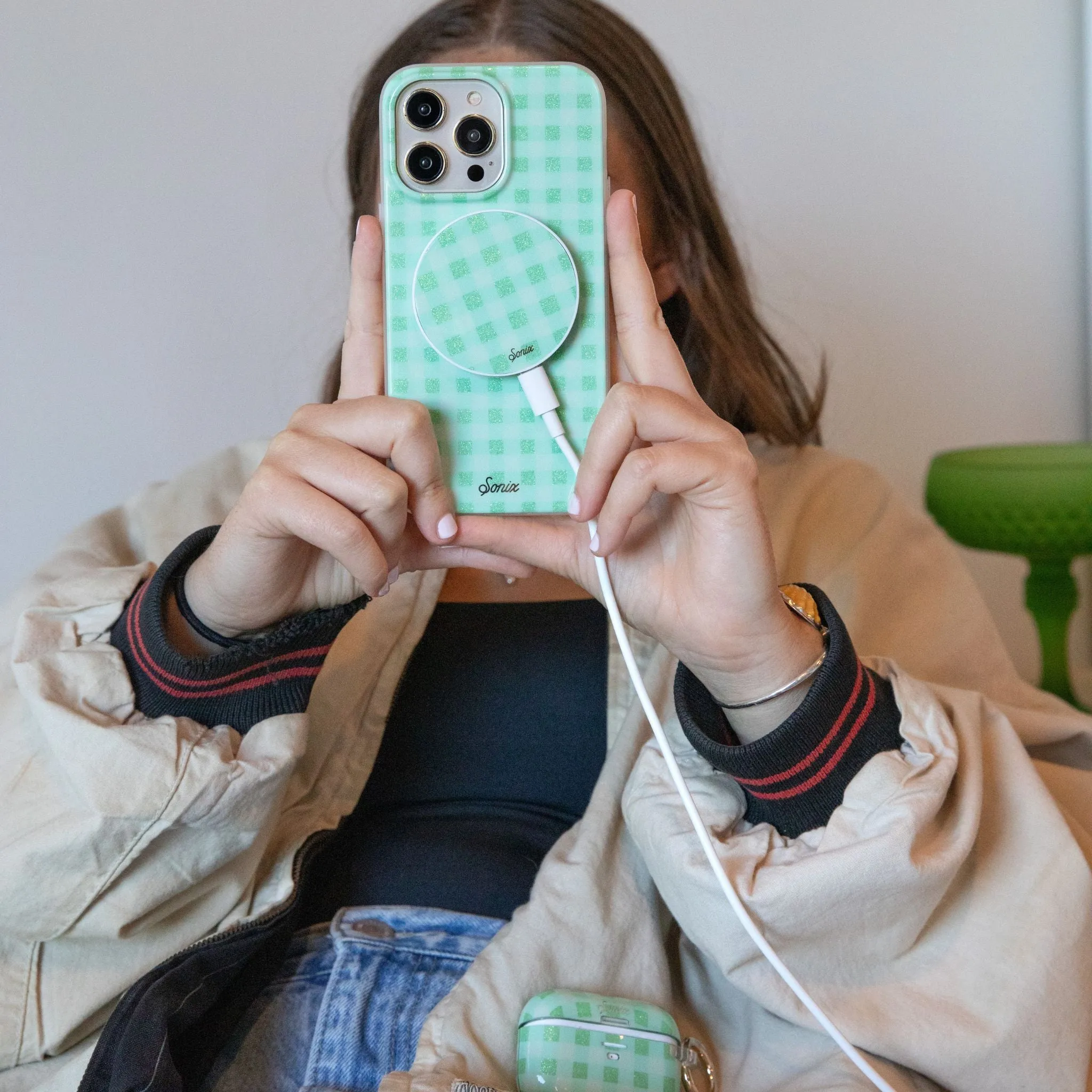 Minty Gingham AirPods Case