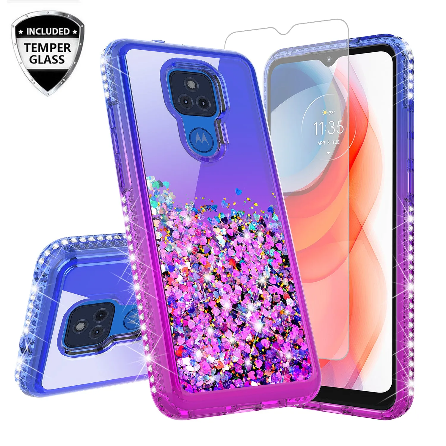 Motorola moto g play 2021 Case Liquid Glitter Phone Case Waterfall Floating Quicksand Bling Sparkle Cute Protective Girls Women Cover for Motorola moto g play 2021 w/ Tempered Glass - (Blue/Purple Gradient)