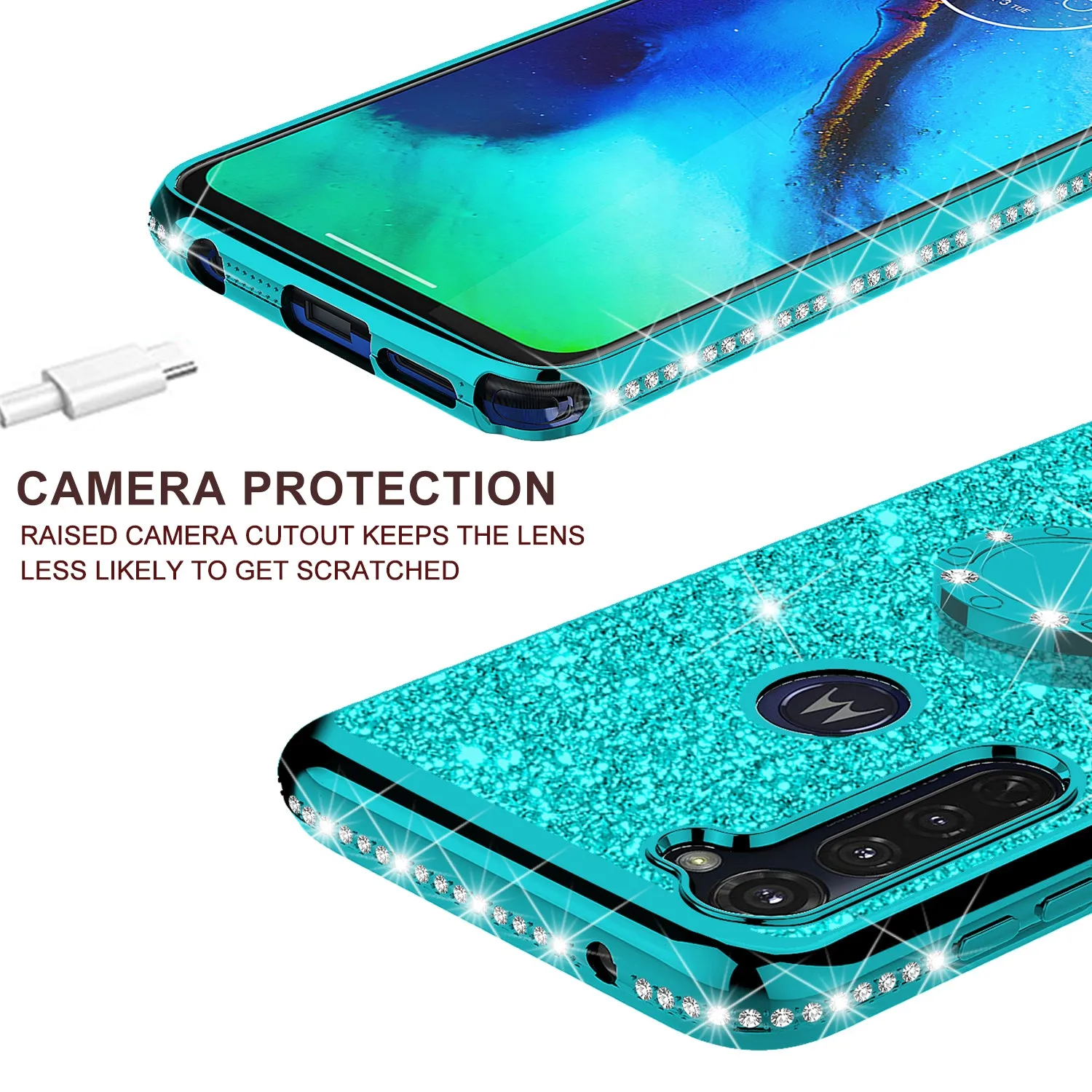 Motorola Moto G Stylus Case, Glitter Cute Phone Case Girls with Kickstand,Bling Diamond Rhinestone Bumper Ring Stand Sparkly Luxury Clear Thin Soft Protective Motorola Moto G Stylus Case for Girl Women - Teal