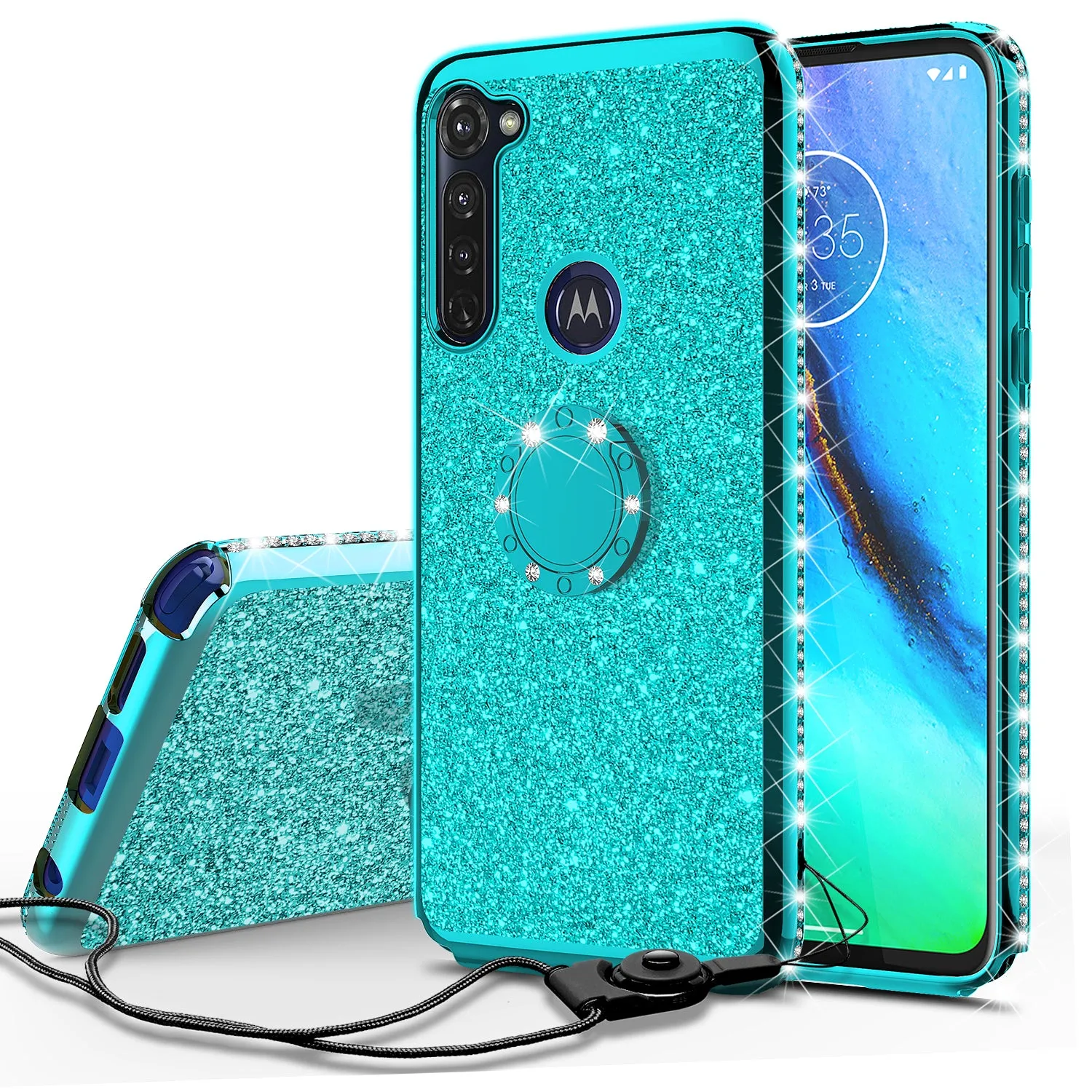 Motorola Moto G Stylus Case, Glitter Cute Phone Case Girls with Kickstand,Bling Diamond Rhinestone Bumper Ring Stand Sparkly Luxury Clear Thin Soft Protective Motorola Moto G Stylus Case for Girl Women - Teal