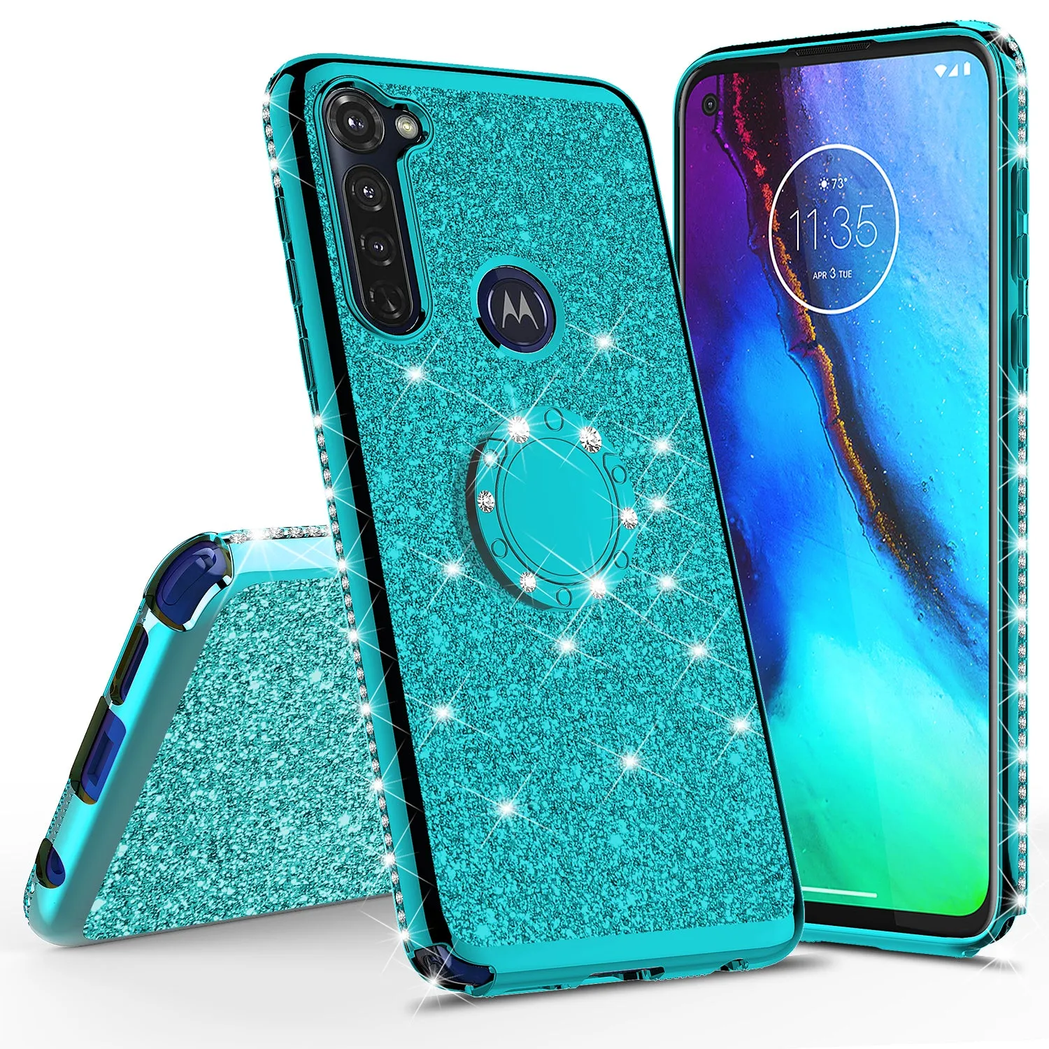 Motorola Moto G Stylus Case, Glitter Cute Phone Case Girls with Kickstand,Bling Diamond Rhinestone Bumper Ring Stand Sparkly Luxury Clear Thin Soft Protective Motorola Moto G Stylus Case for Girl Women - Teal