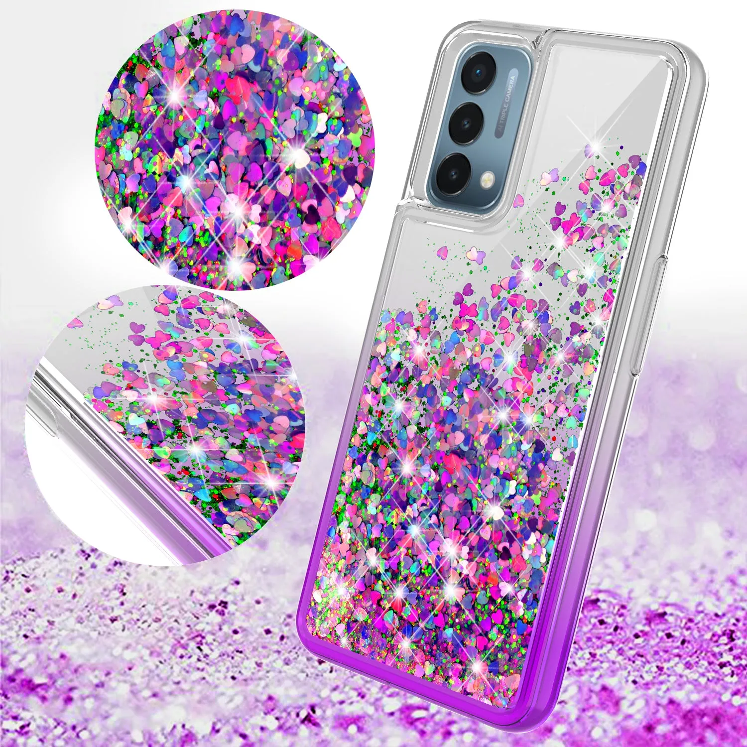 OnePlus Nord N200 5G Case Liquid Glitter Phone Case Waterfall Floating Quicksand Bling Sparkle Cute Protective Girls Women Cover for OnePlus Nord N200 5G W/Temper Glass - Purple