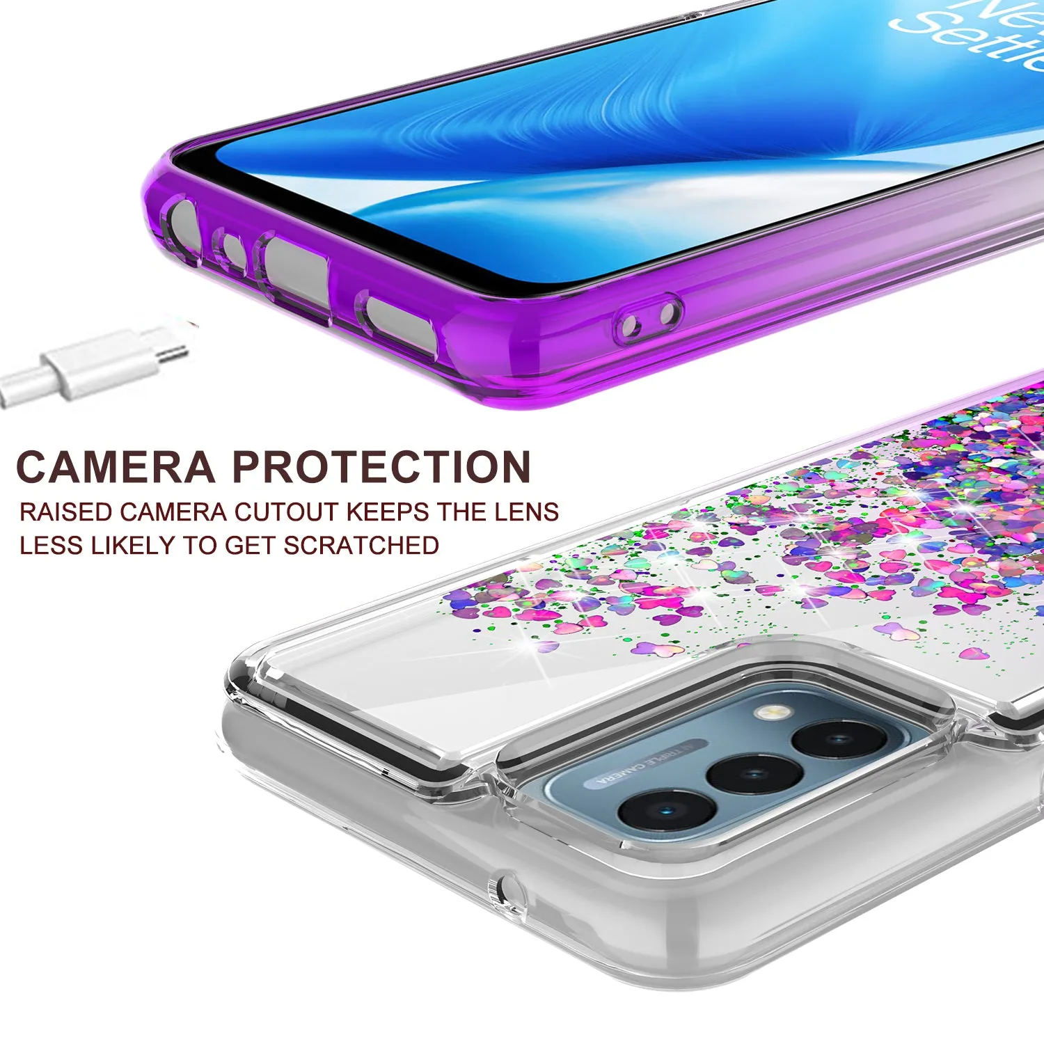 OnePlus Nord N200 5G Case Liquid Glitter Phone Case Waterfall Floating Quicksand Bling Sparkle Cute Protective Girls Women Cover for OnePlus Nord N200 5G W/Temper Glass - Purple
