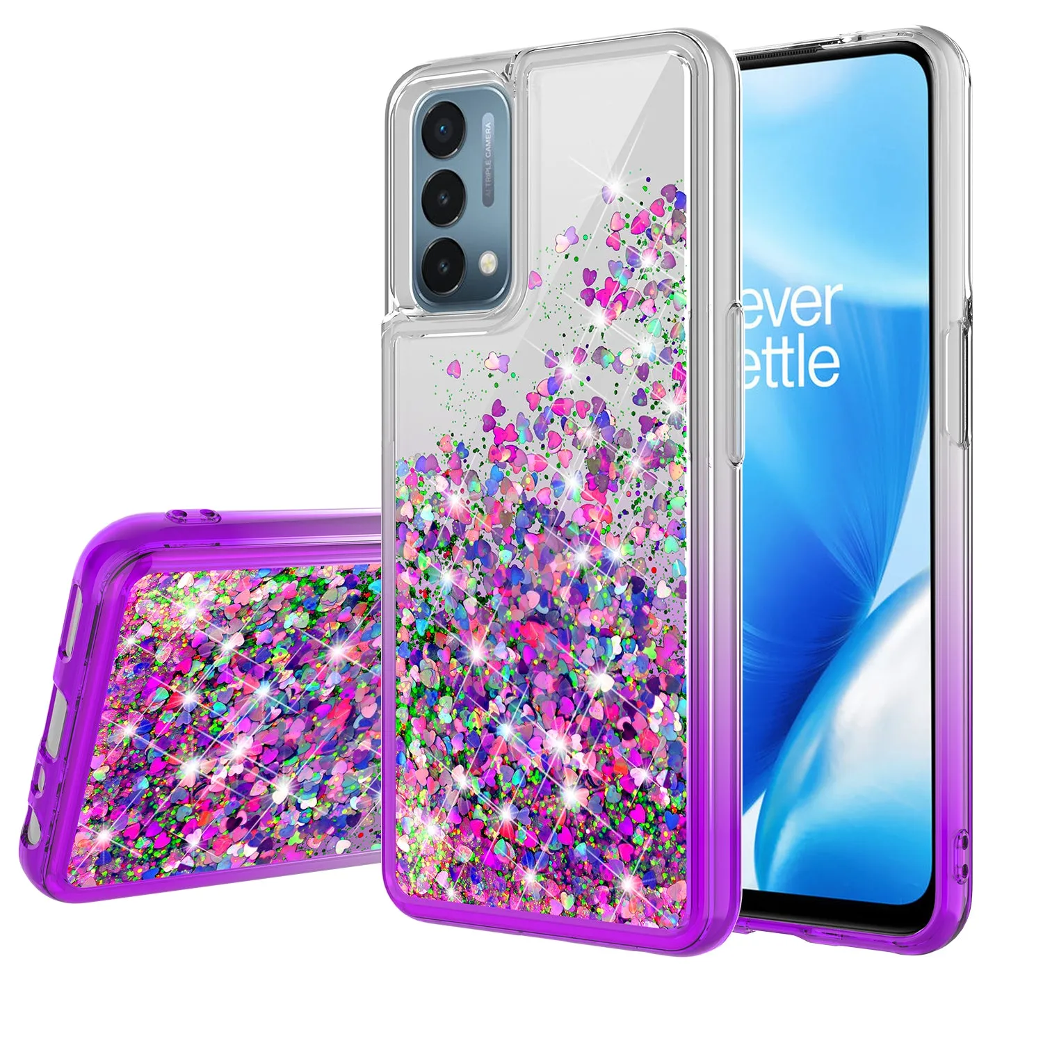 OnePlus Nord N200 5G Case Liquid Glitter Phone Case Waterfall Floating Quicksand Bling Sparkle Cute Protective Girls Women Cover for OnePlus Nord N200 5G W/Temper Glass - Purple